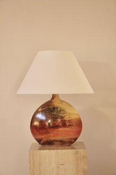 Rare "Lentille" Glazed Ceramic Lamp by Roset with Abstract Decoration France 70'