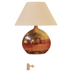 Rare "Lentille" Glazed Ceramic Lamp by Roset with Abstract Decoration France 70'