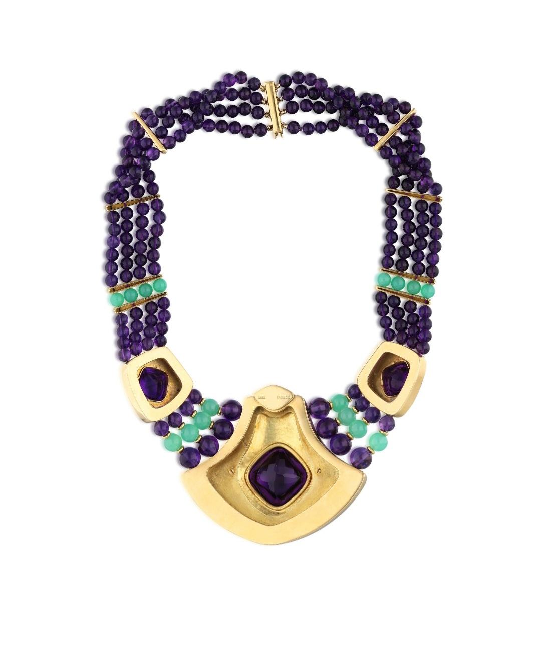 Rare LEO DE VROOMEN 18K Yellow AMETHYST, CHRYSOPRASE and ENAMEL SUITE , ca. 1984 In Good Condition For Sale In New York, NY