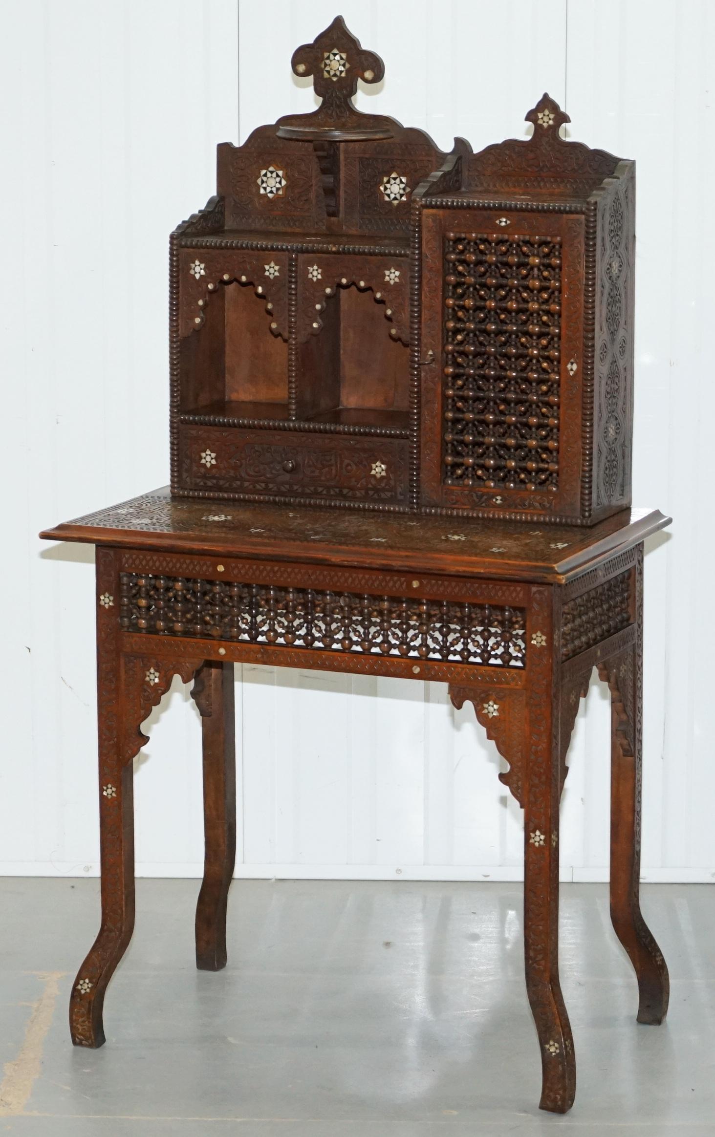 Victorian Rare Libertys London 19th Century Hand Carved Mashrabiya Desk Mother of Pearl