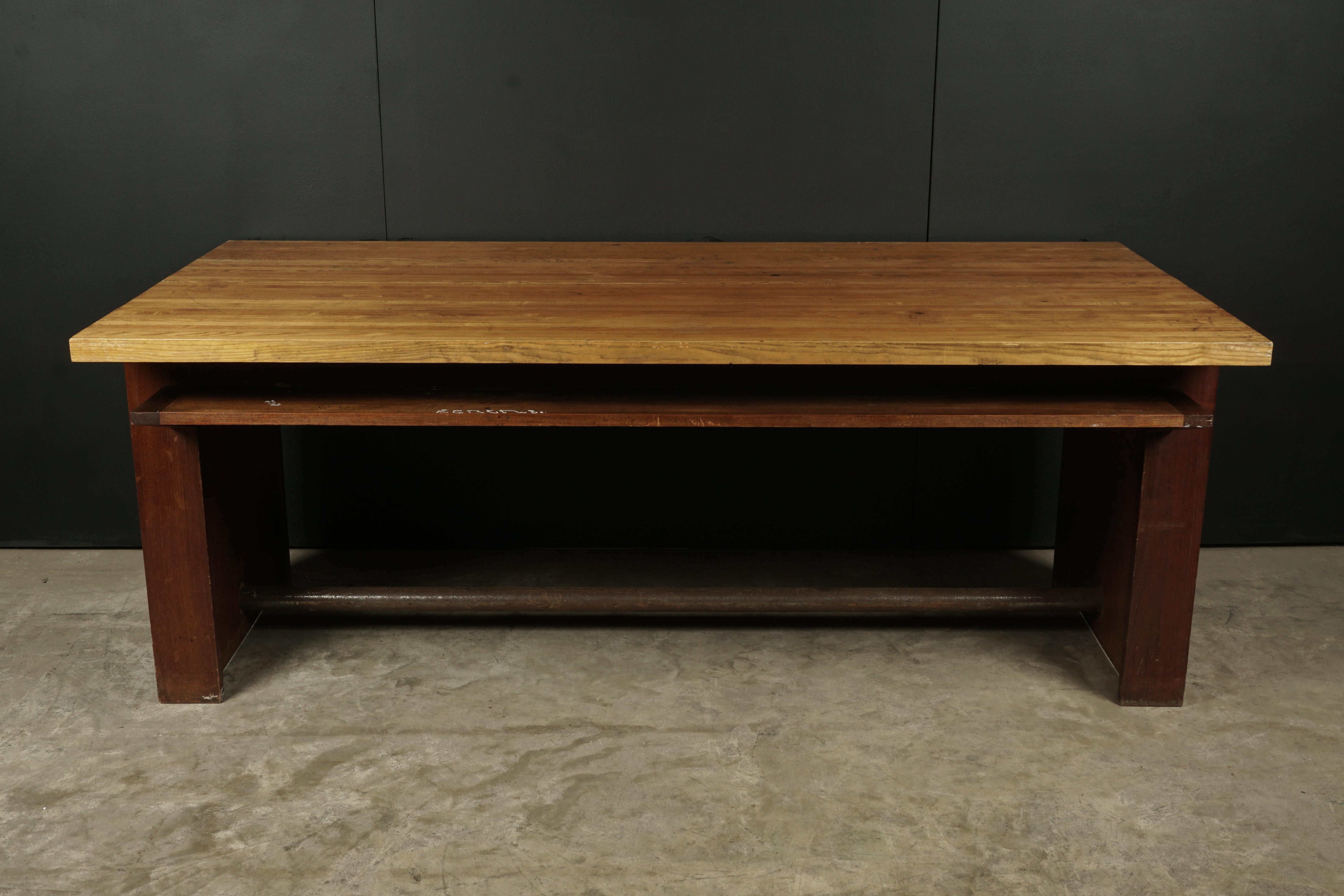 Rare library table from The University Of Jussieu, library table from Paris, circa 1958. Solid pine top with shelf under and steel stretcher.