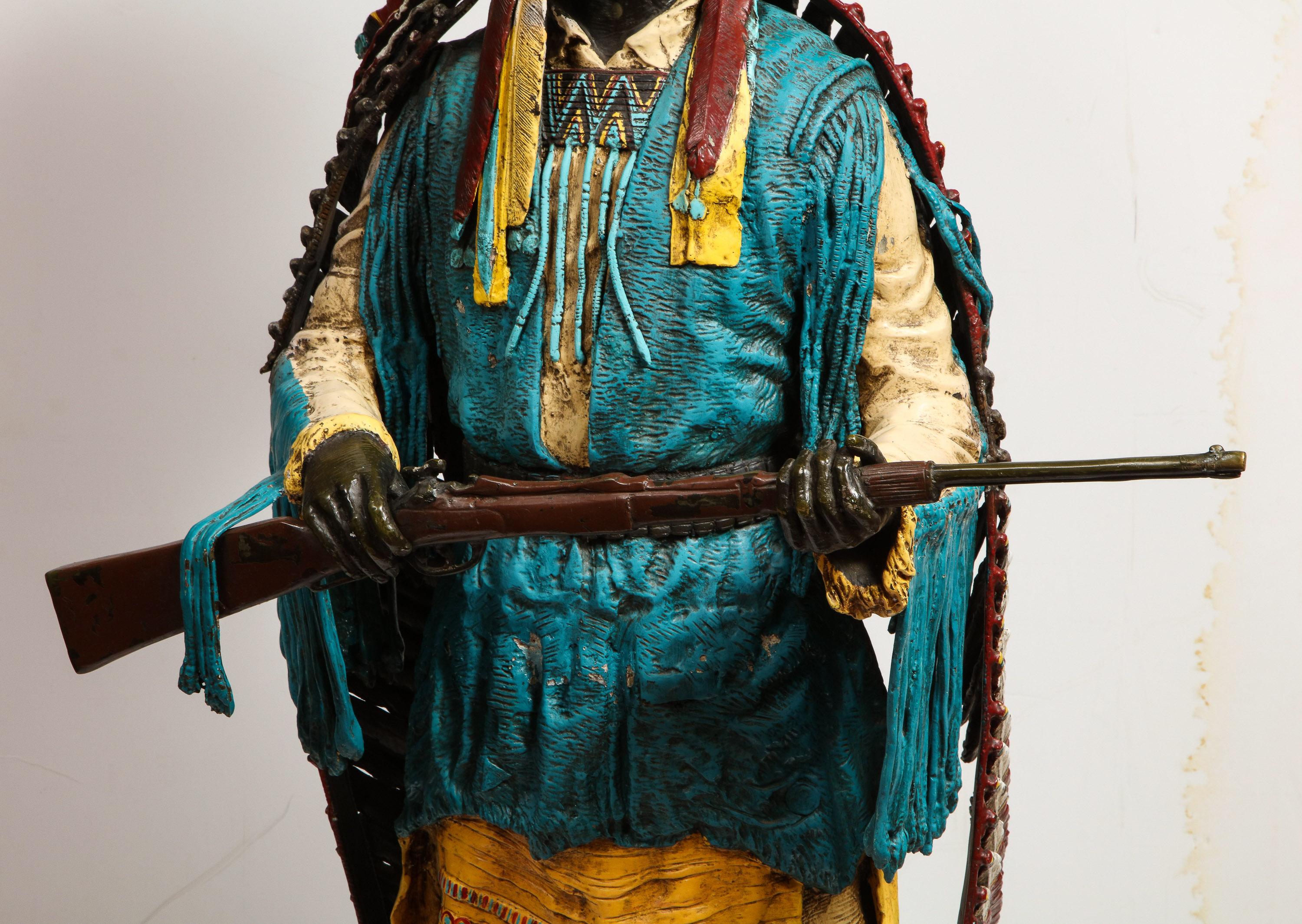 Austrian Near Life-Size Polychrome Bronze of a Native American Indian Chief After Kauba