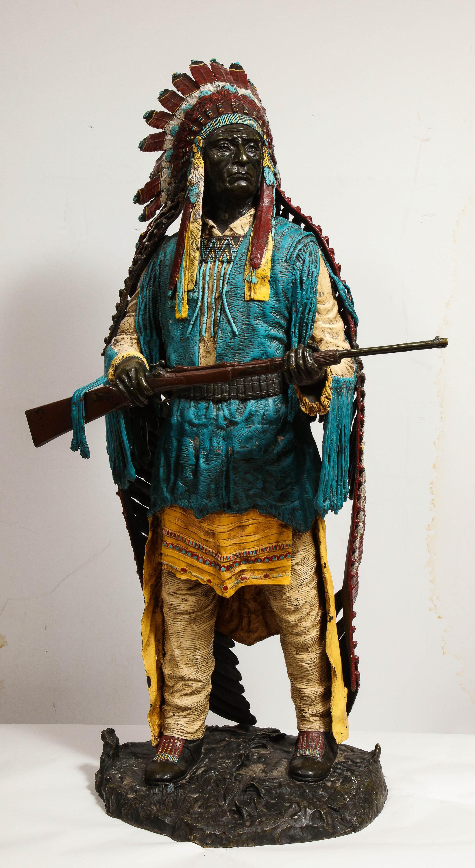 20th Century Near Life-Size Polychrome Bronze of a Native American Indian Chief After Kauba