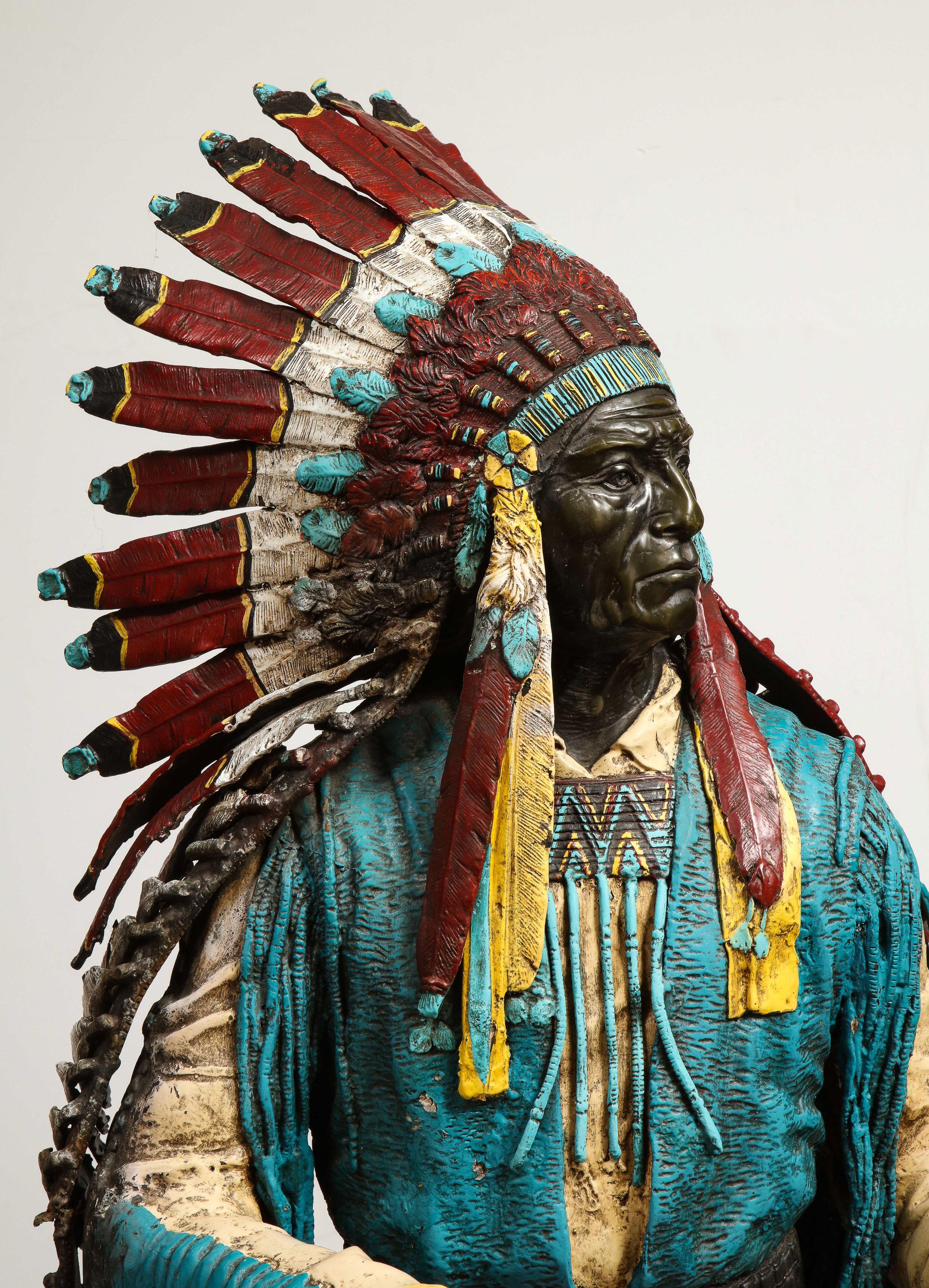 Near Life-Size Polychrome Bronze of a Native American Indian Chief After Kauba 2