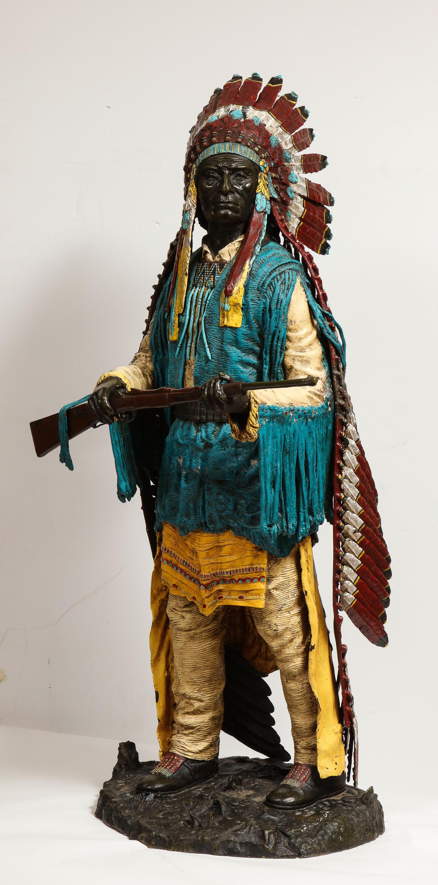 Near Life-Size Polychrome Bronze of a Native American Indian Chief After Kauba 3