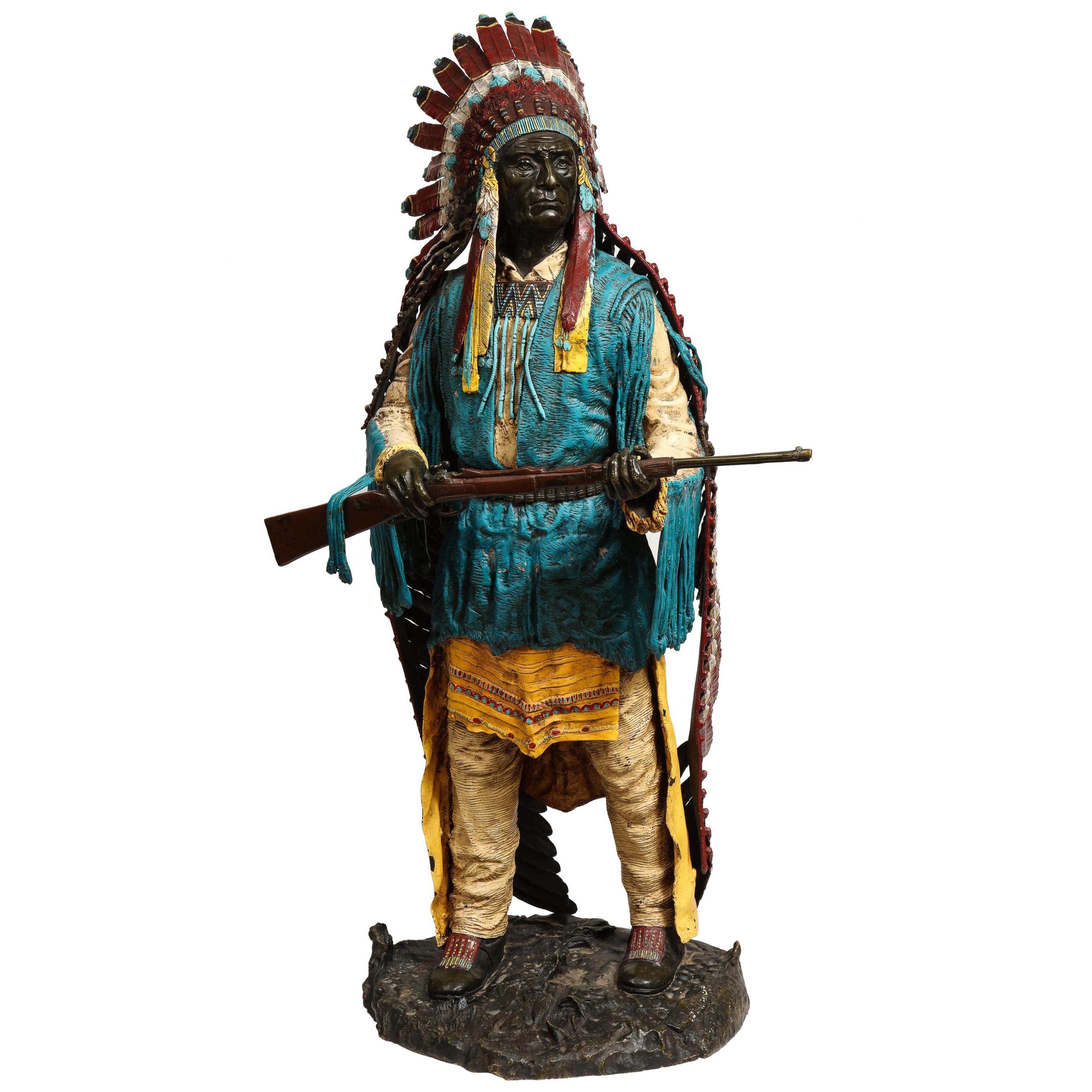 Near Life-Size Polychrome Bronze of a Native American Indian Chief After Kauba