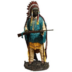 Used Near Life-Size Polychrome Bronze of a Native American Indian Chief After Kauba