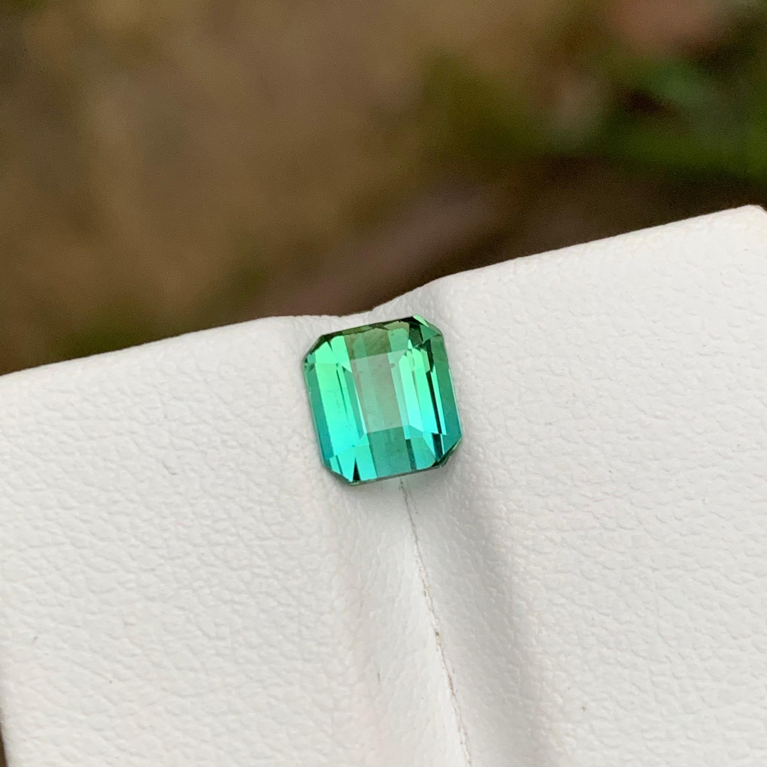 Women's or Men's Rare Light Blue & Green Two Tone Tourmaline Gemstone, 1.35 Ct Emerald Cut-Ring For Sale