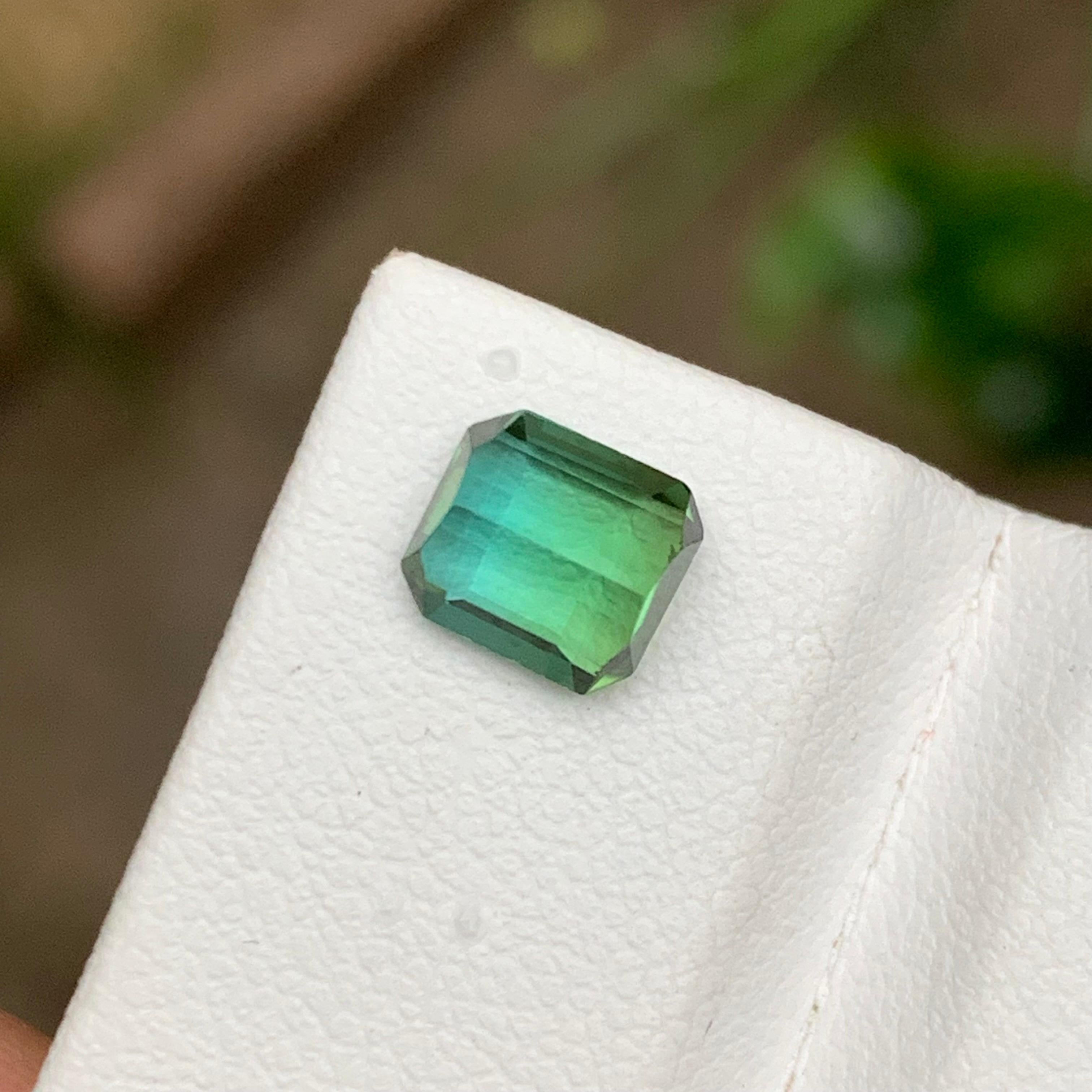 Rare Light Blue & Green Two Tone Tourmaline Gemstone, 1.35 Ct Emerald Cut-Ring For Sale 1
