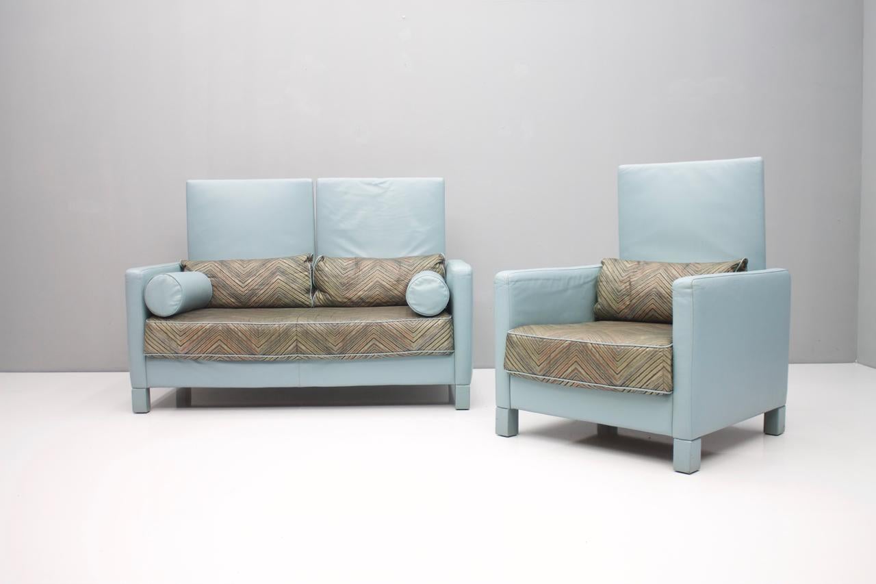 Rare Light Blue Leather Sofa Loveseat 'Negresco' by Wilhelm Setz for Knoll, 1980 For Sale 1