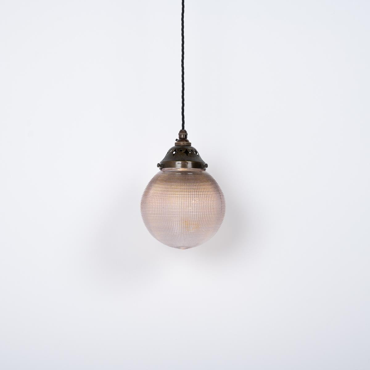 Rare Lilac Tinted Vintage Holophane Prismatic Globe Pendant Light In Good Condition In Nottingham, GB