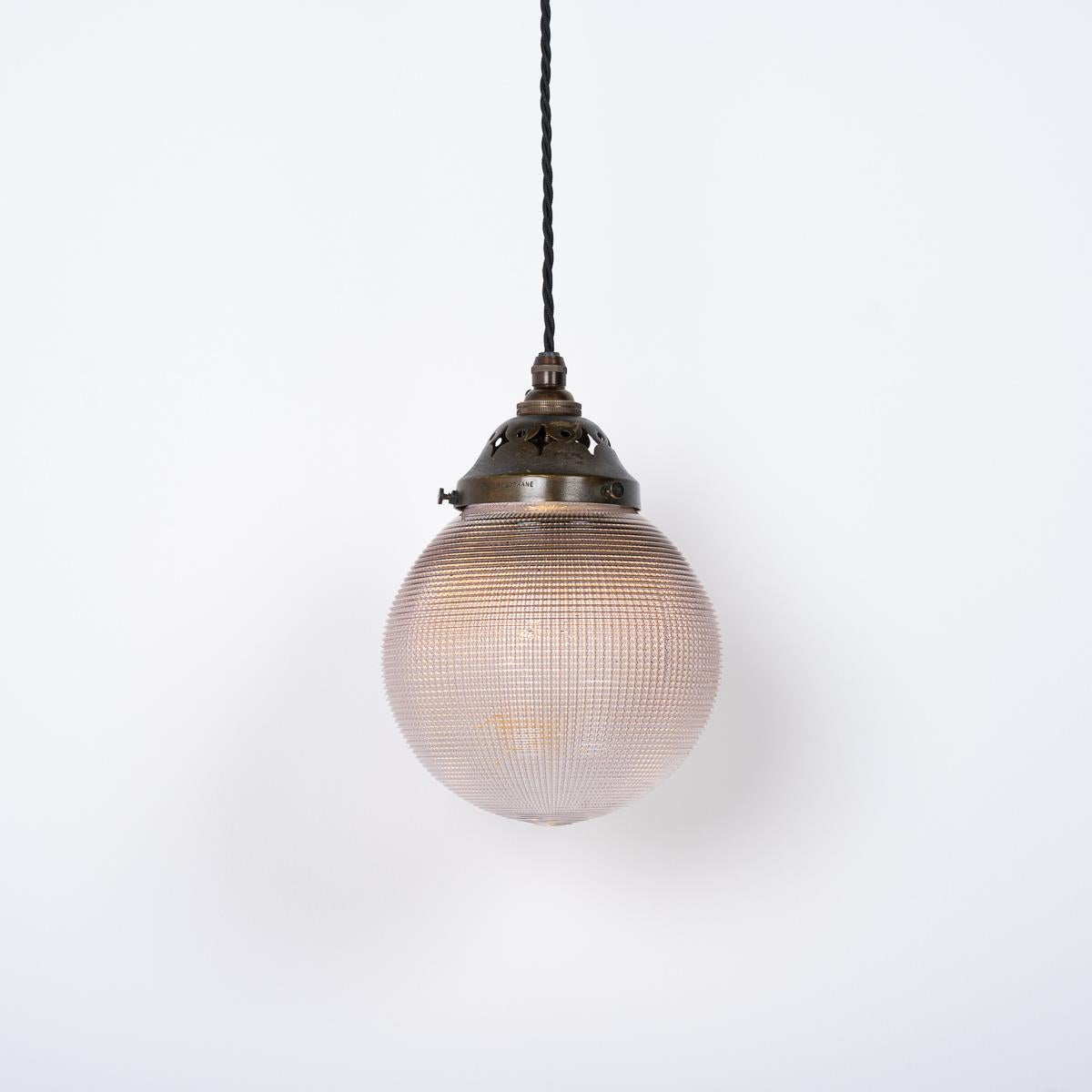 Brass Rare Lilac Tinted Vintage Holophane Prismatic Globe Pendant Light