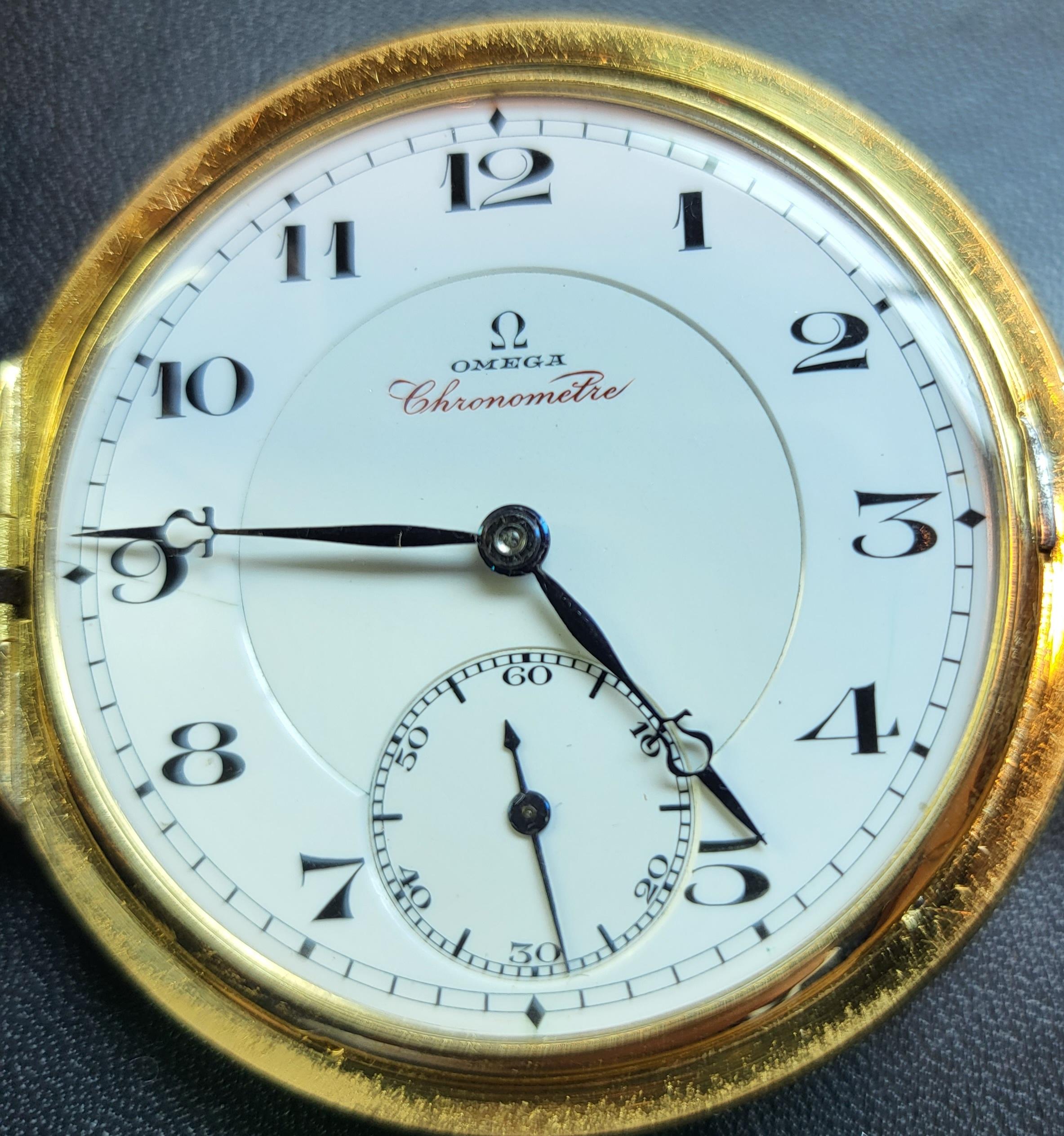 Rare Limited 18kt Gold Omega Chronometre Savonette Pocket Watch, Grade Very Best For Sale 9