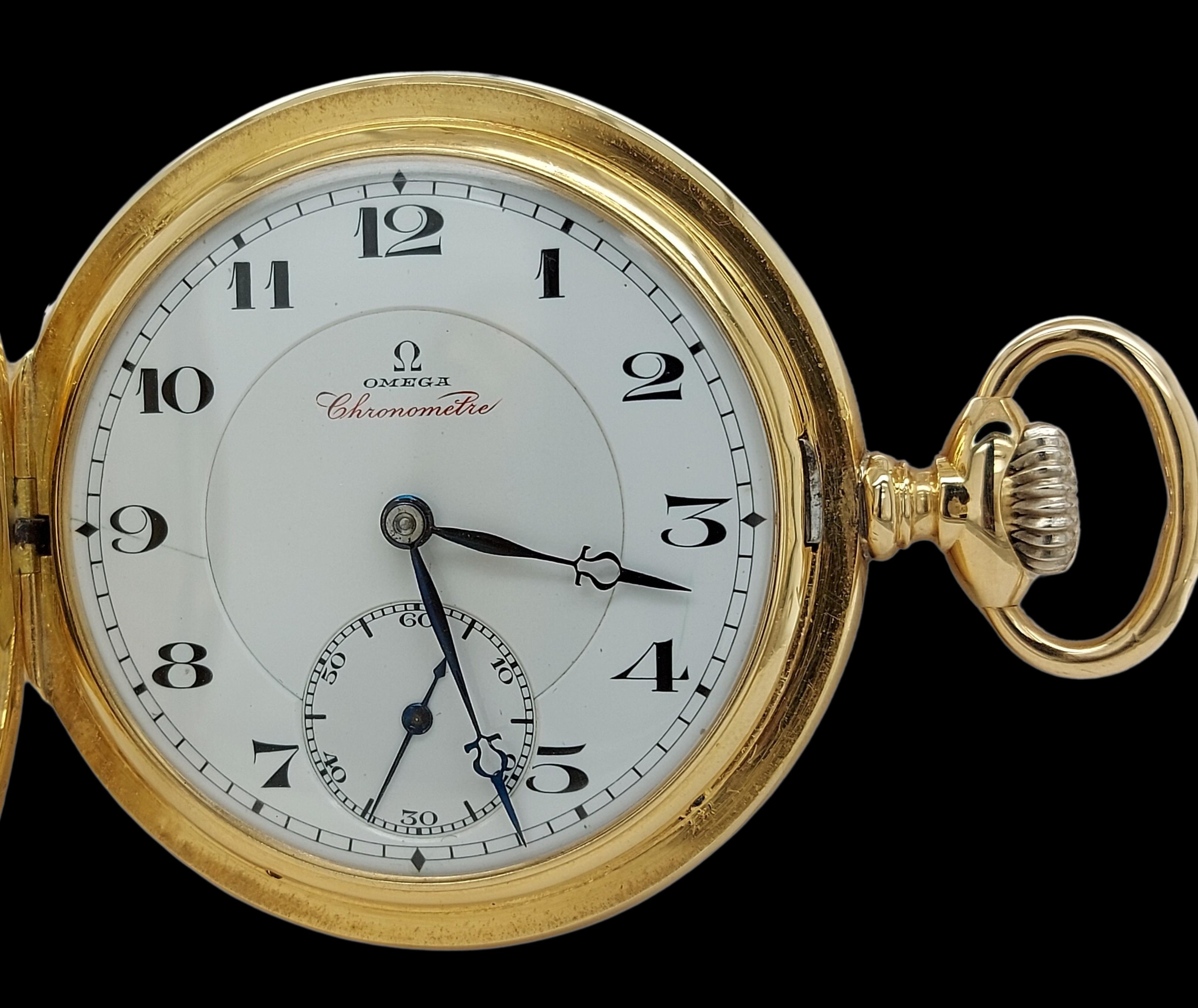 Extremely Rare & Collectable Limited 18kt Yellow Gold Omega Chronometre pocket watch, Grade Very Best , calibre 43.15 S, “Grade Very Best

Movement: Manual winding, “Chronometer” quality

Case: 18kt Yellow gold case with diameter 52 mm, thickness 12
