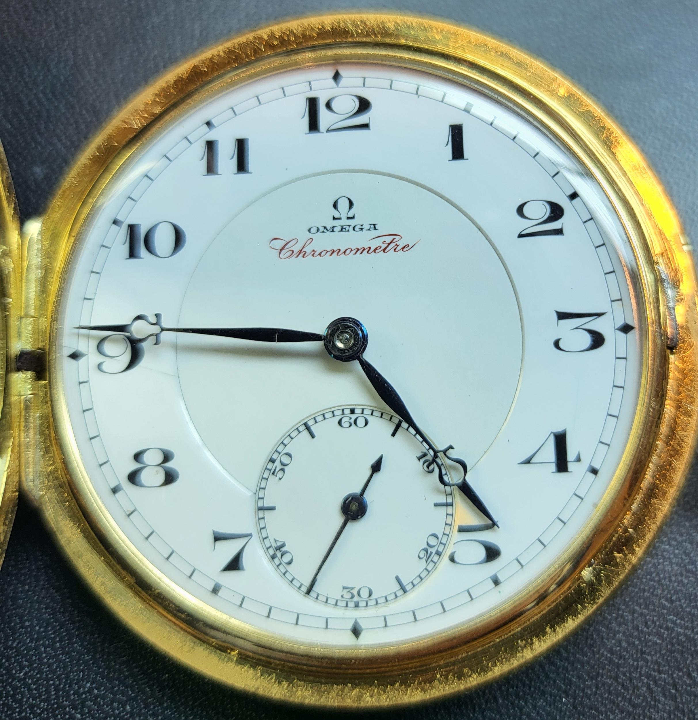 Women's or Men's Rare Limited 18kt Gold Omega Chronometre Savonette Pocket Watch, Grade Very Best For Sale