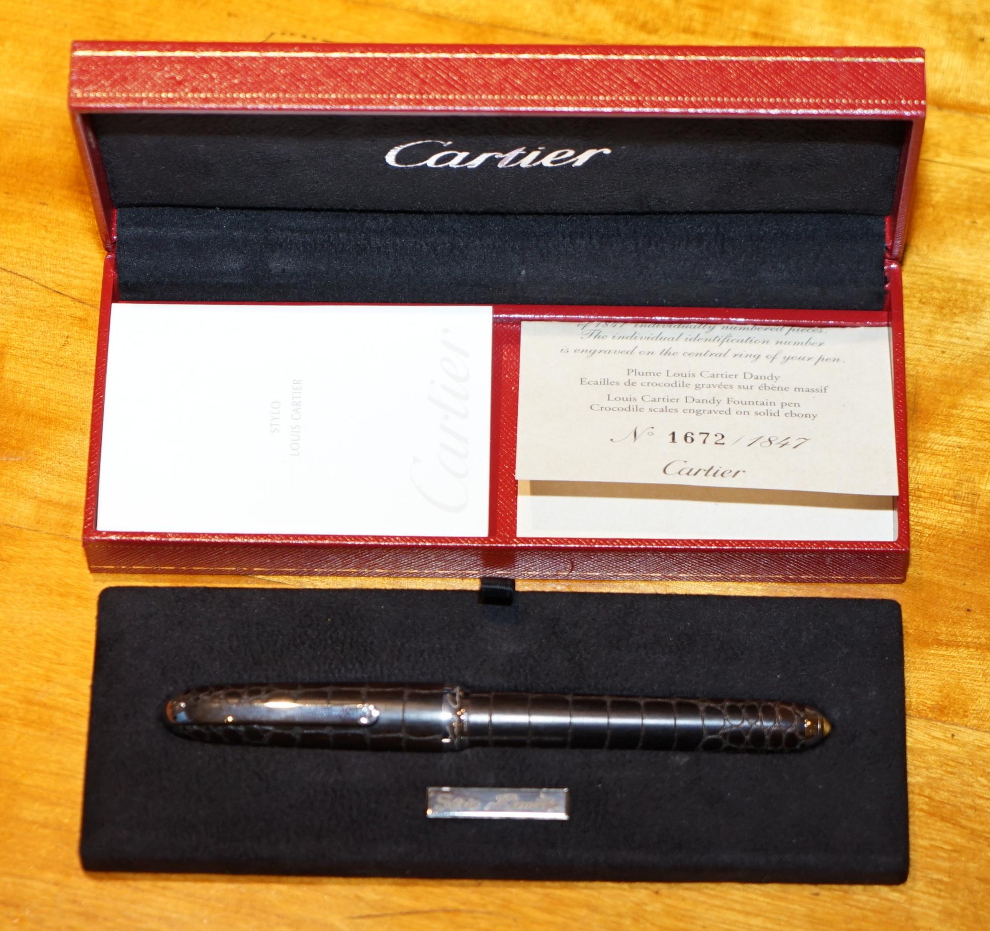 English Rare Limited Edition 18-Karat Gold Cartier Crocodile Black Leather Fountain Pen