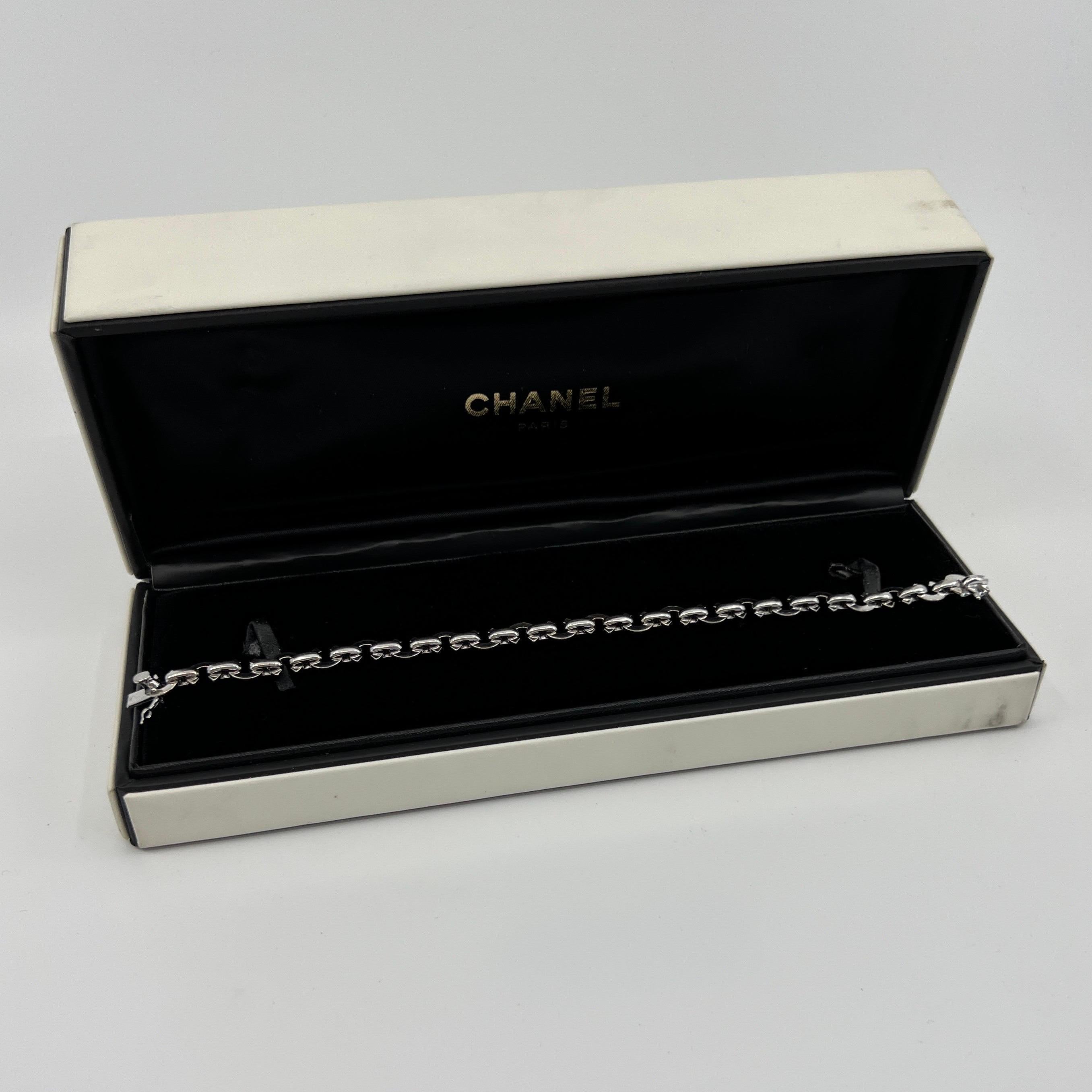 Rare Limited Edition Chanel C Link Charm 18k White Gold Bracelet 20cm With Box In Good Condition For Sale In Birmingham, GB
