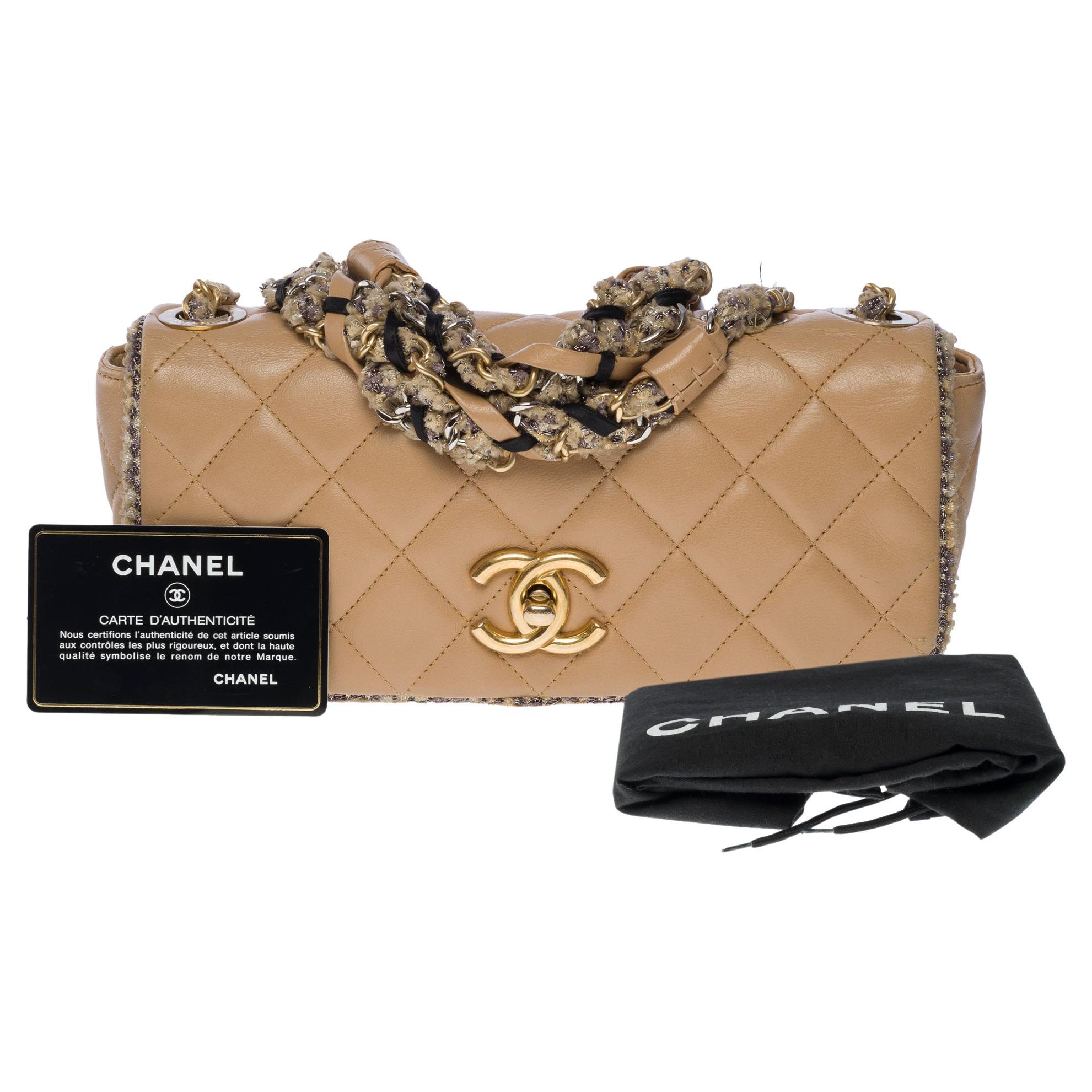 Rare Limited Edition Chanel Full Flap Shoulder Bag in Beige Quilted Lambskin, GHW