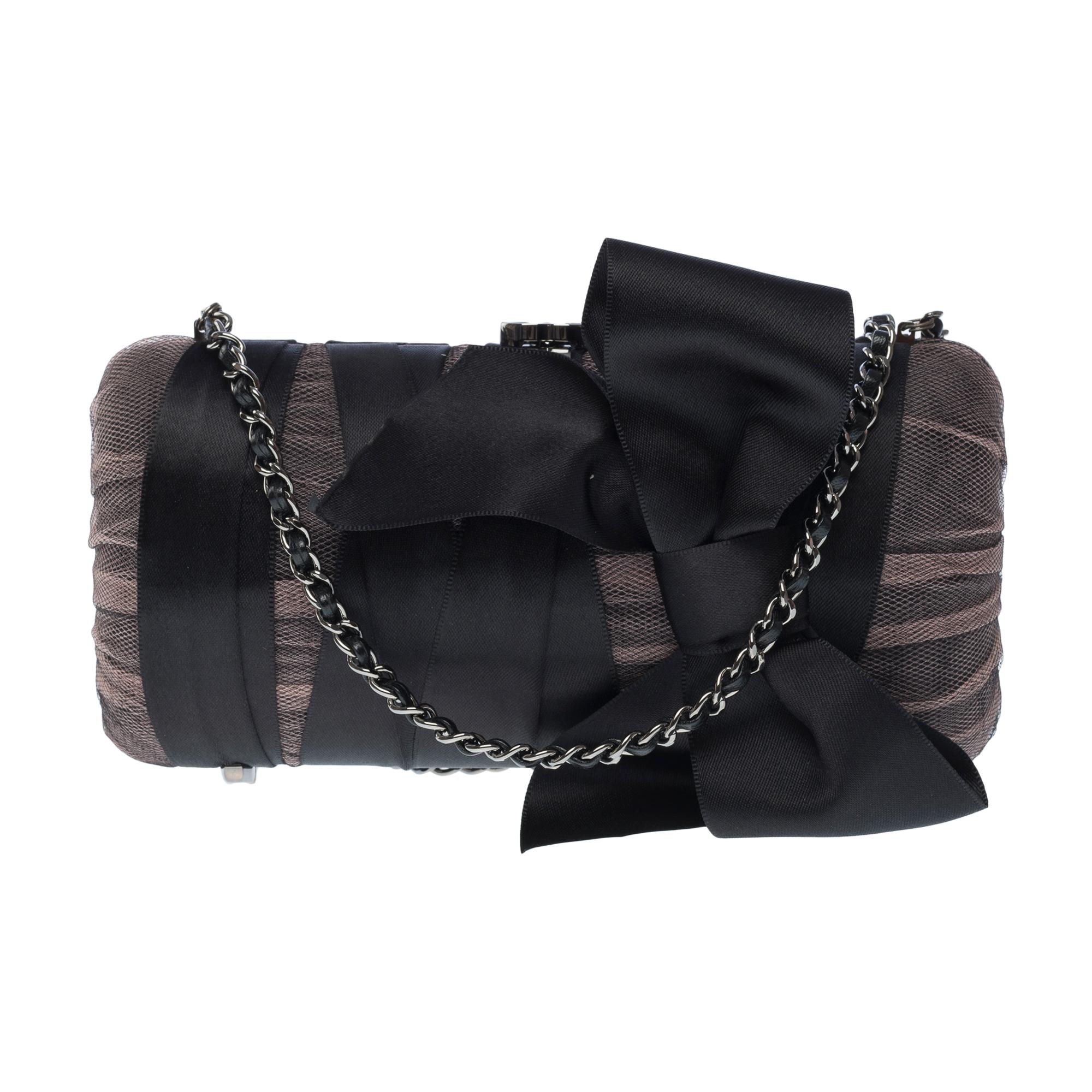 Rare limited edition Chanel Minaudière shoulder bag in black silk satin, BSHW For Sale 2