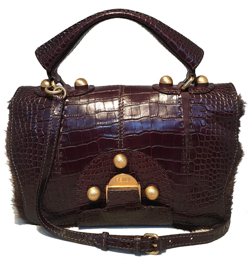 Black Rare Limited Edition Fendi Brown Alligator and Mink Fur Satchel Handbag For Sale