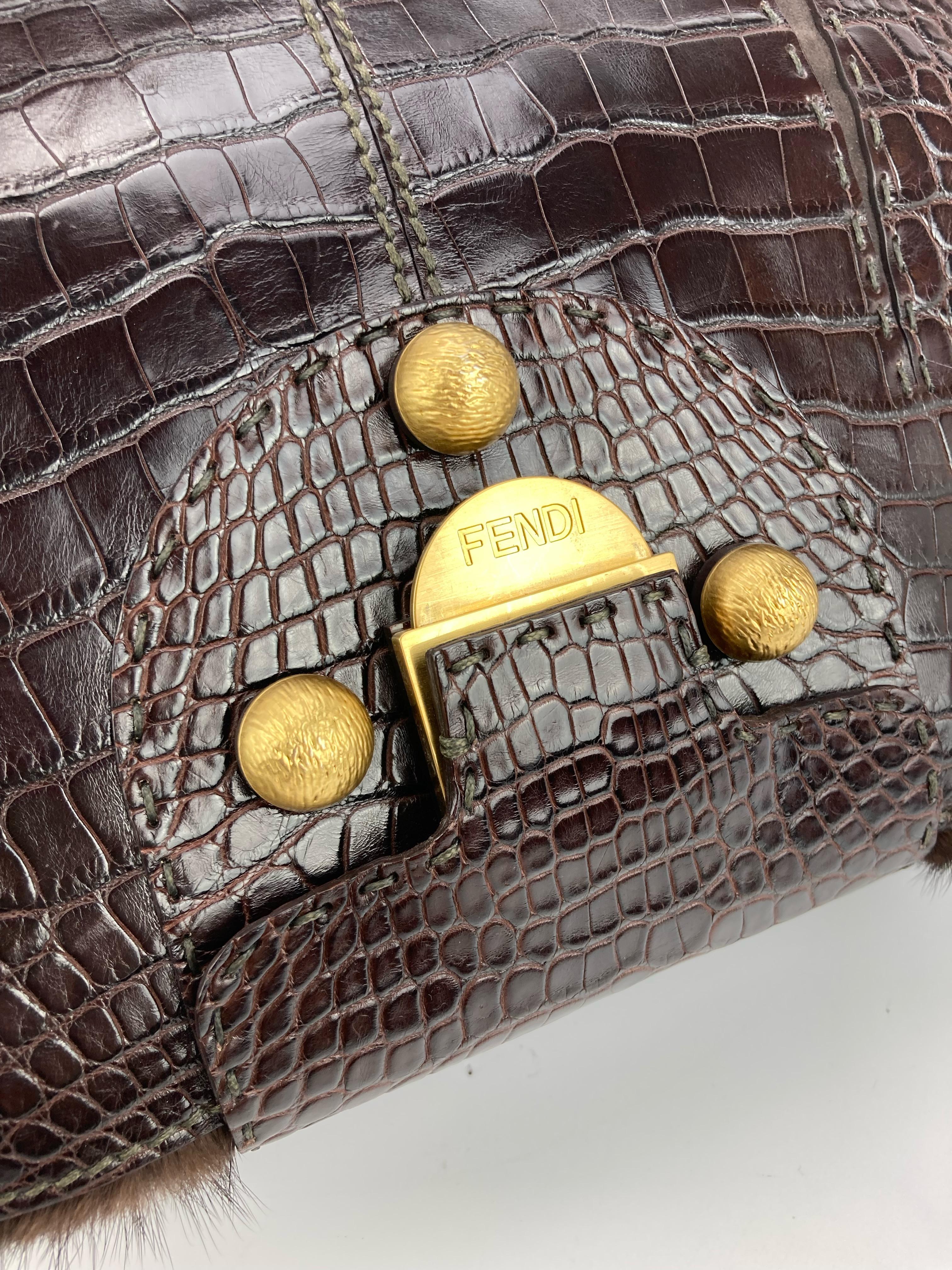 Seltene limitierte Auflage Fendi F3 Secret Code Tasche Brown Alligator Nerz Pelz Satchel im Angebot 1