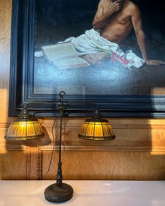 Rare Linenfold Double Student Table Lamp Tiffany Studio