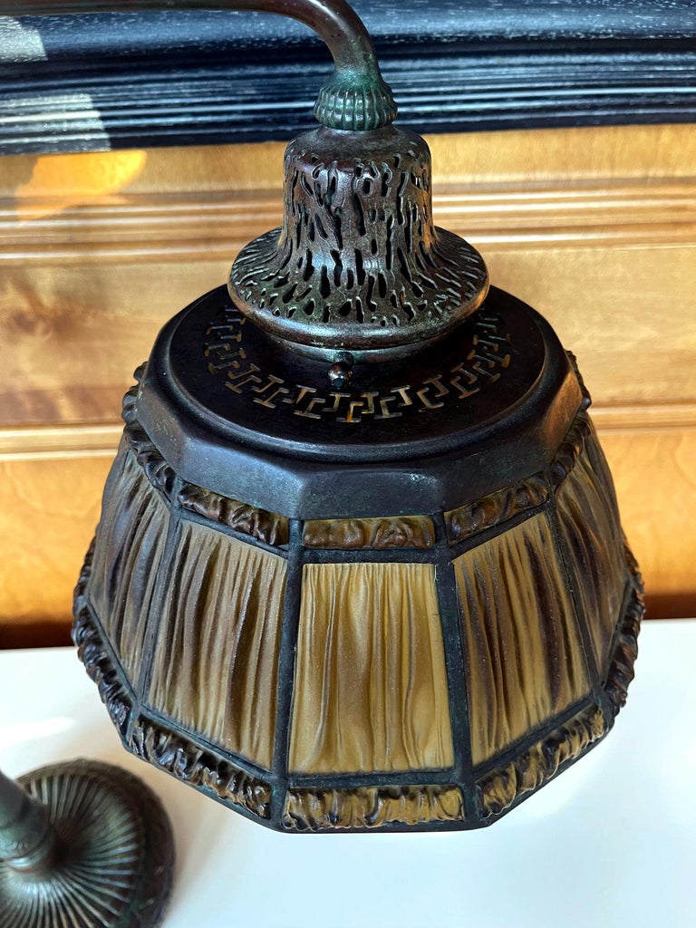 Rare Linenfold Double Student Table Lamp Tiffany Studio In Good Condition For Sale In Atlanta, GA
