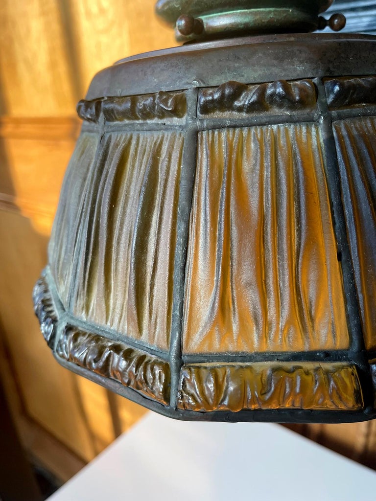 Bronze Rare Linenfold Double Student Table Lamp Tiffany Studio For Sale