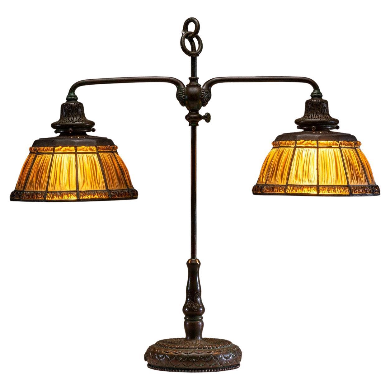 Rare Linenfold Double Student Table Lamp Tiffany Studio