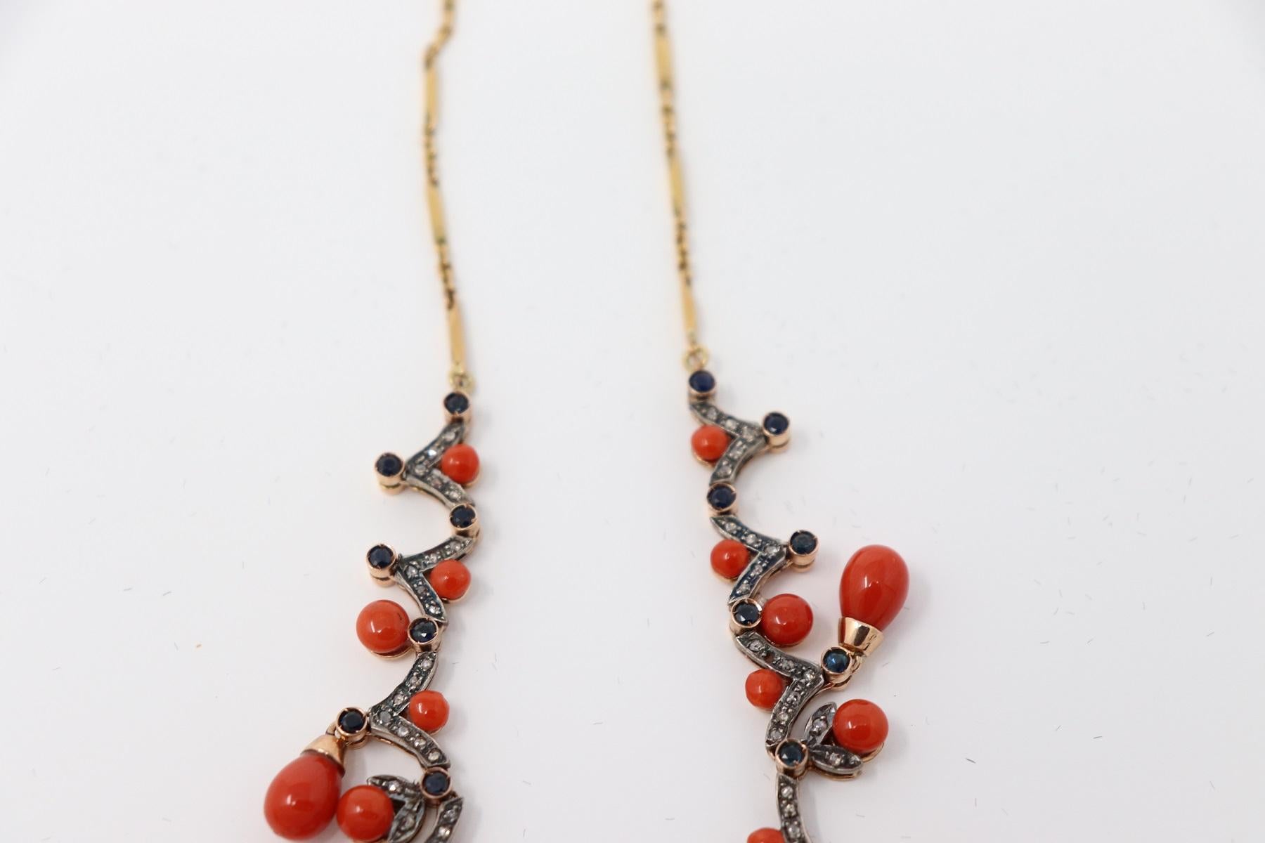 Rare Link Necklace in Gold with Coral, Blue Sapphires and Diamonds, 1980s 1