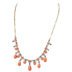 Rare Link Necklace in Gold with Coral, Blue Sapphires and Diamonds, 1980s