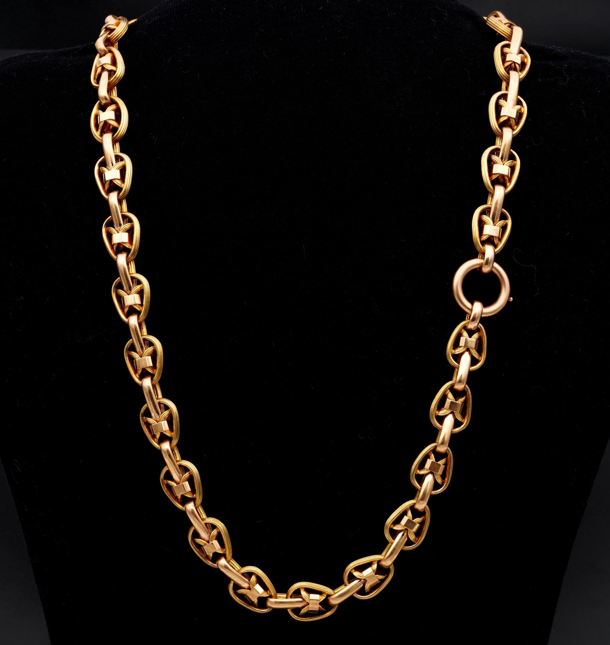 Rarest 18 KT solid gold links 

Originally made as watch chain turns into a stunning antique gold necklace
Rare articulated piped links with interlacing of remarkable work made during 1860 circa as beautiful as hardly seen
Made of solid 18 KT gold