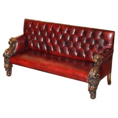RARE LION HEAD HAND CARVED Used VICTORIAN CHESTERFIELD OXBLOOD LEATHER SOFA