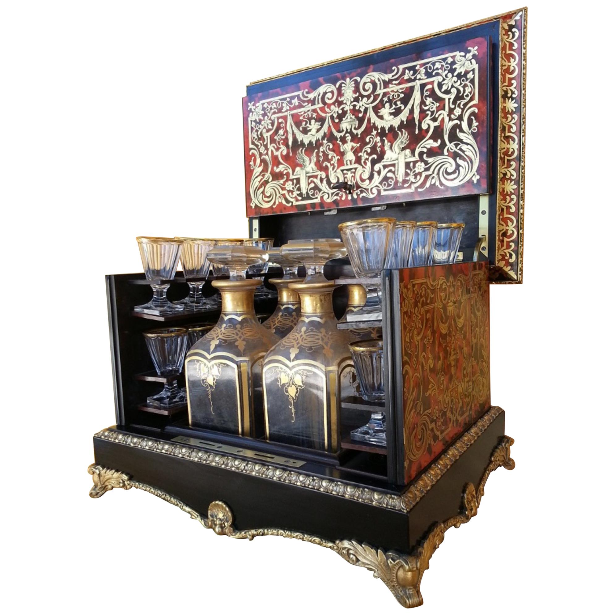 Rare Liquor Cellar Cave Cabinet in Boulle, Tortoiseshell and Baccarat Crystal