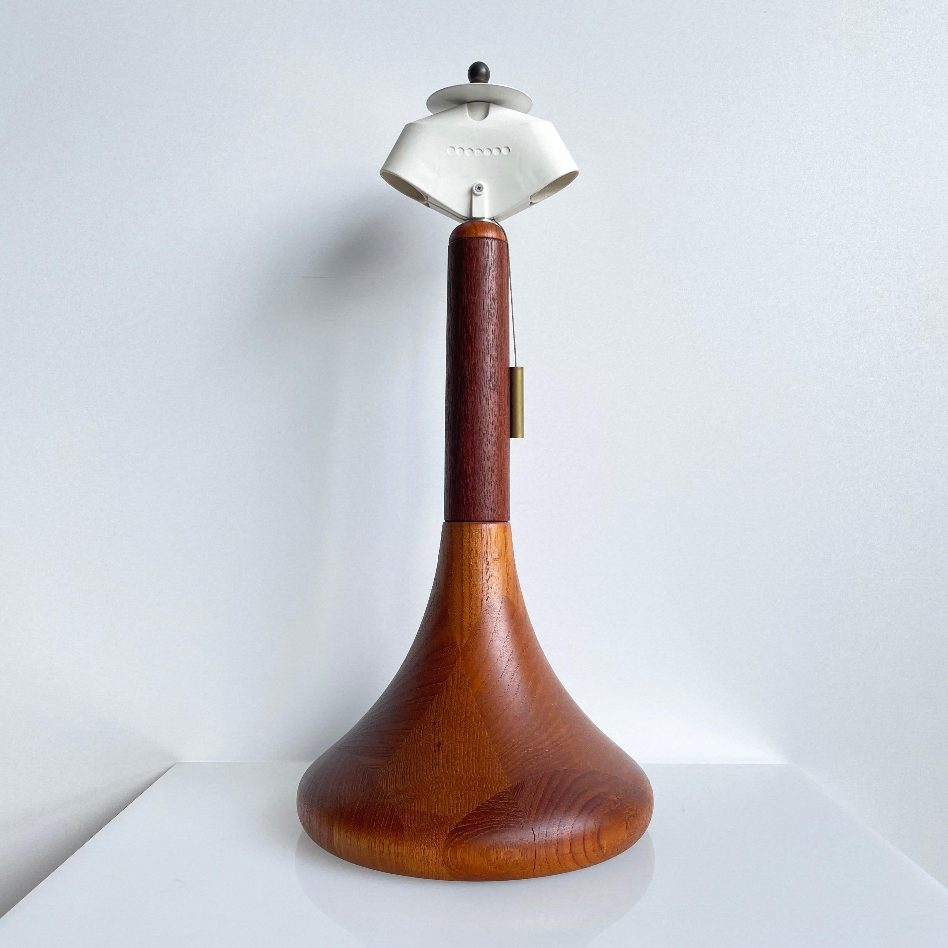Rare 1960's teak table lamp by Lisbeth Brams, Denmark. Turned solid teak base with double light fittings.  Swiss plug with pull cord on/off switch.
Made in Denmark.
Measurements: Height: ca. 50cm  Diameter : 30cm 
*Lampshade not included. Shown for