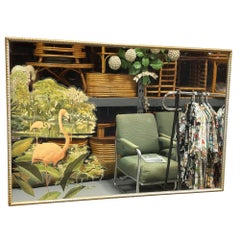 Rare Lithagraph Printed Pink Flamingo Framed Wall Mirror Wall by R. Stern for Tu