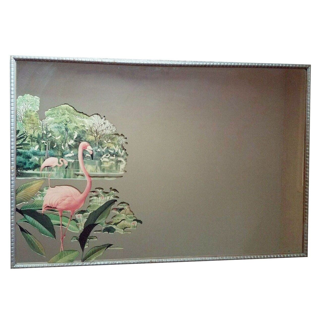 Rare Lithagraph Printed Pink Flamingo Framed Wall Mirror Wall by R. Stern for Tu