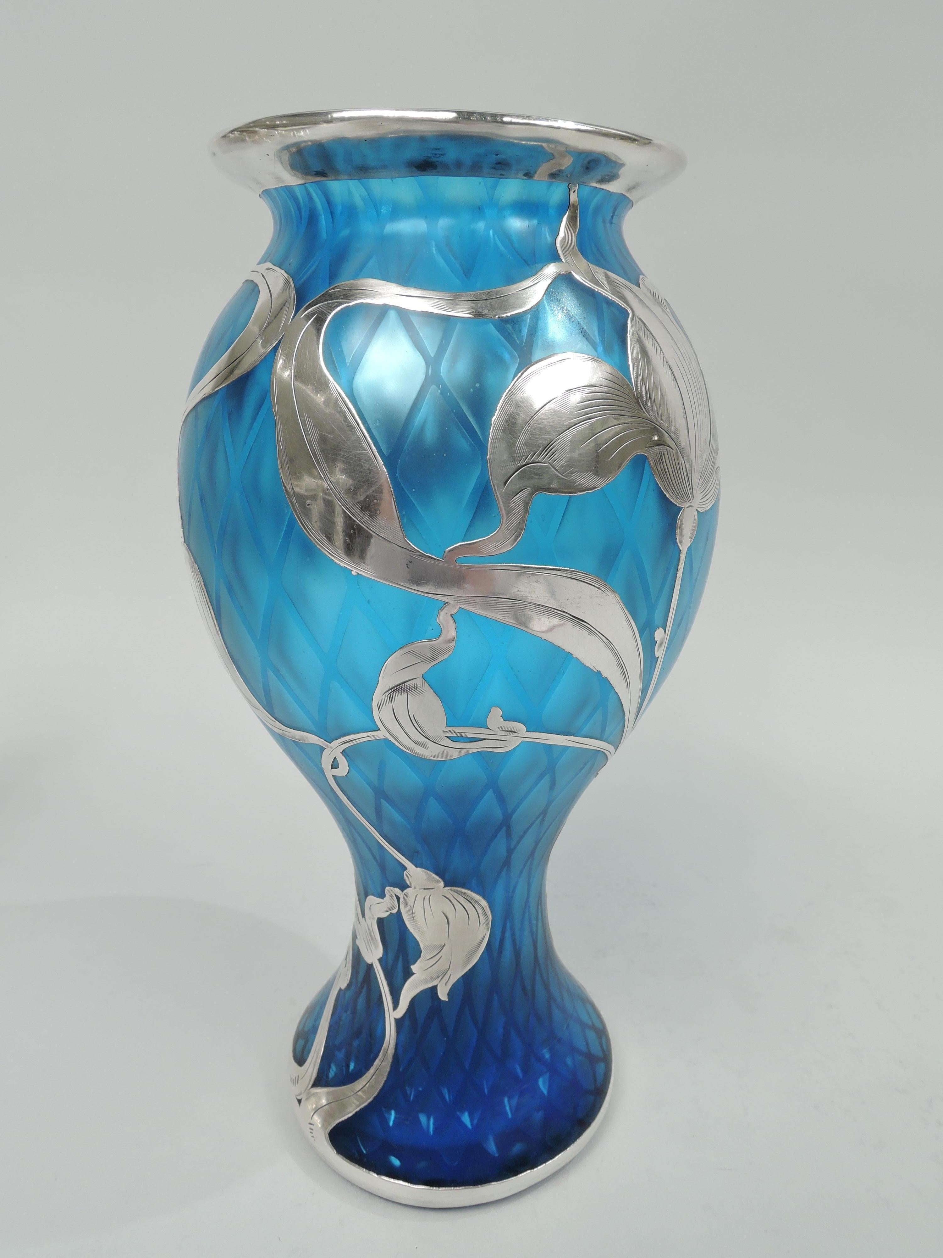 Austrian Rare Loetz Art Nouveau Quilted Azure Blue Silver Overlay Vase