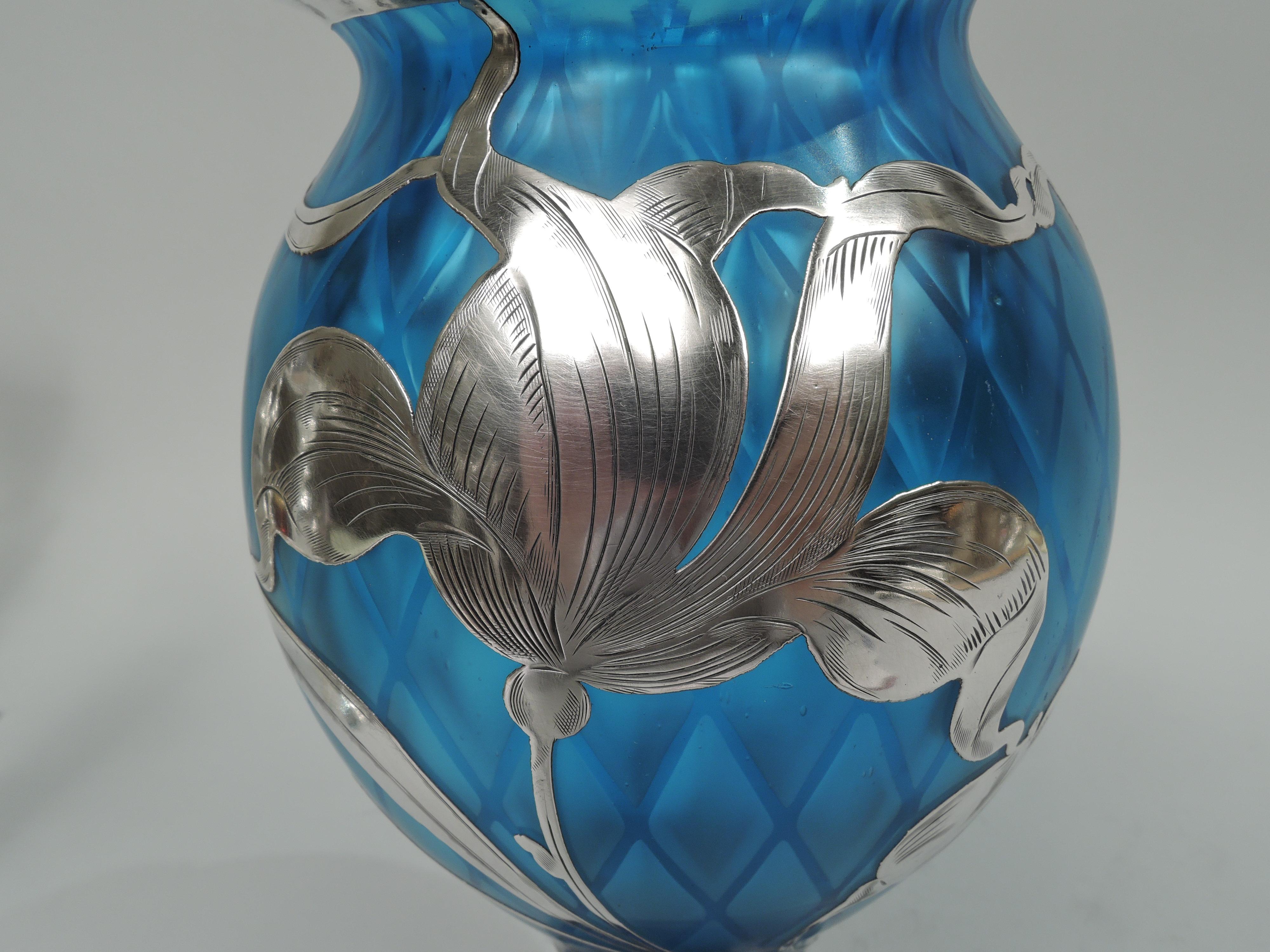 20th Century Rare Loetz Art Nouveau Quilted Azure Blue Silver Overlay Vase