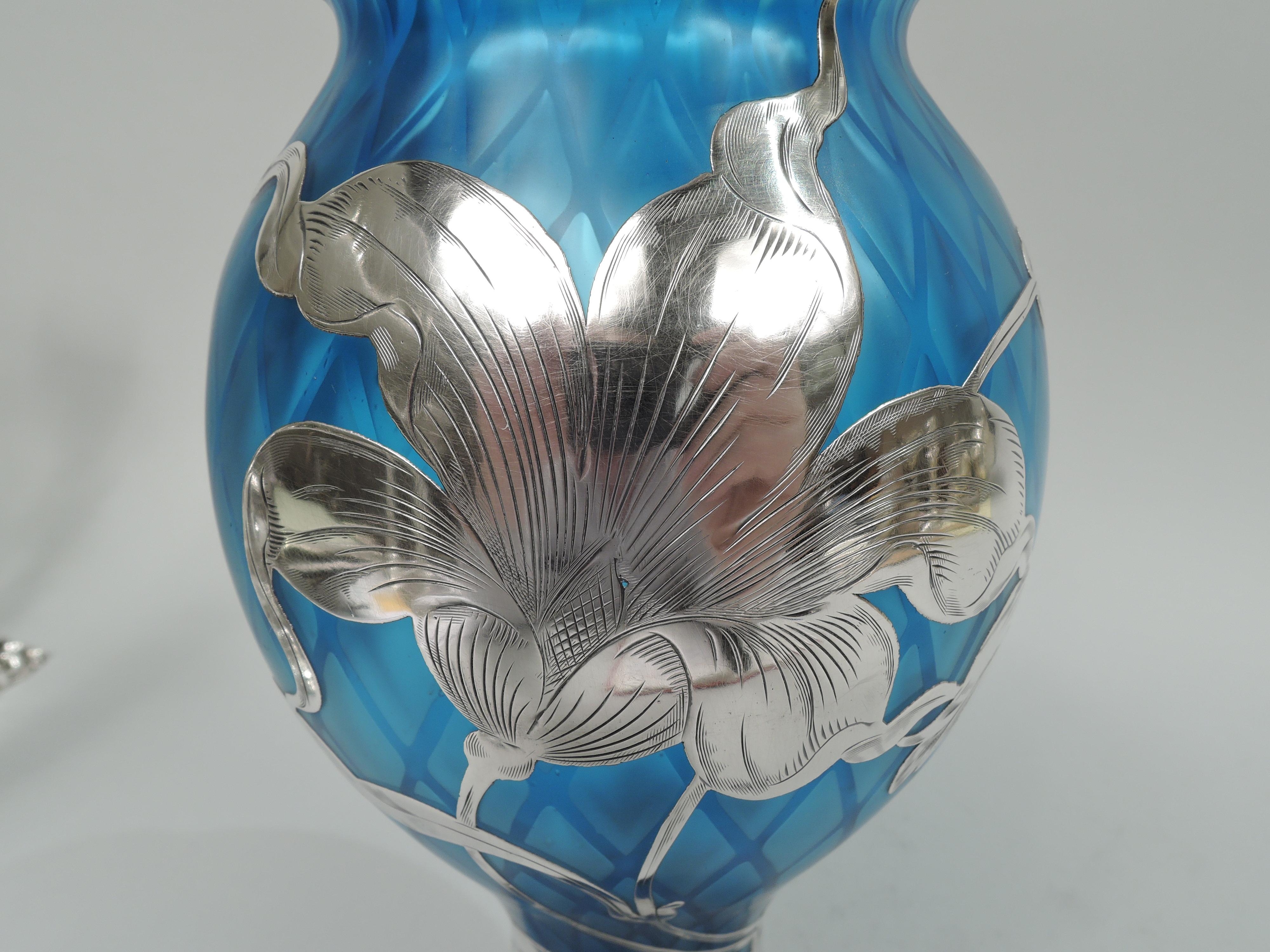 Rare Loetz Art Nouveau Quilted Azure Blue Silver Overlay Vase 1