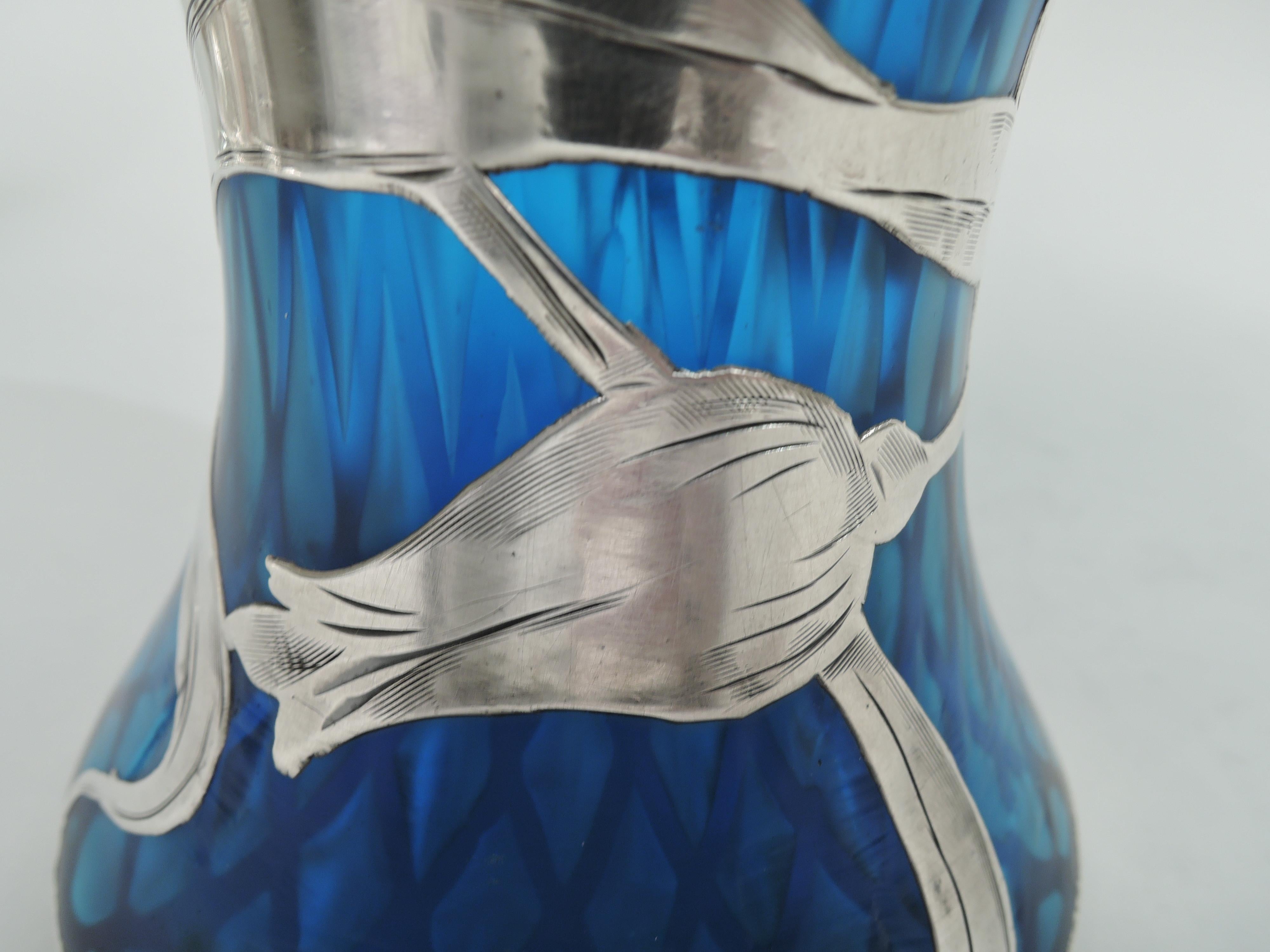 Rare Loetz Art Nouveau Quilted Azure Blue Silver Overlay Vase 2