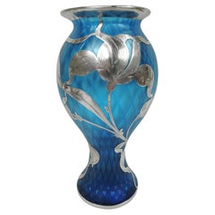 Rare Loetz Art Nouveau Quilted Azure Blue Silver Overlay Vase