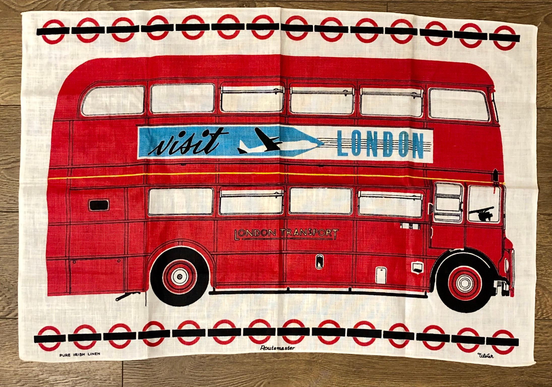 A very collectible vintage London transport Double-decker Bus, circa 1970s 100% Irish Linen, great condition never used, can be framed or hang on the wall.