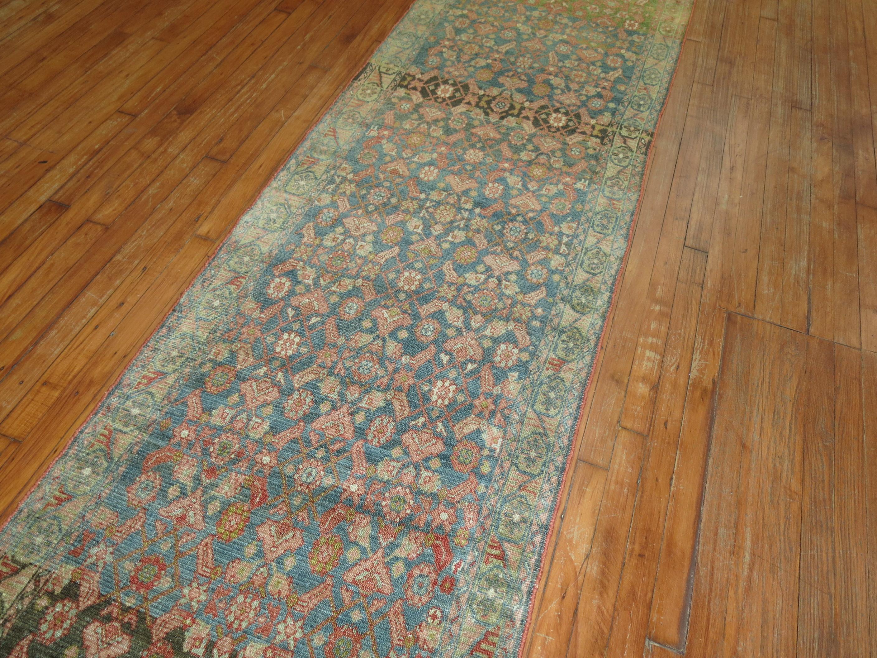 Hand-Knotted Rare Long Blue Gray Pink Persian Malayer Runner For Sale