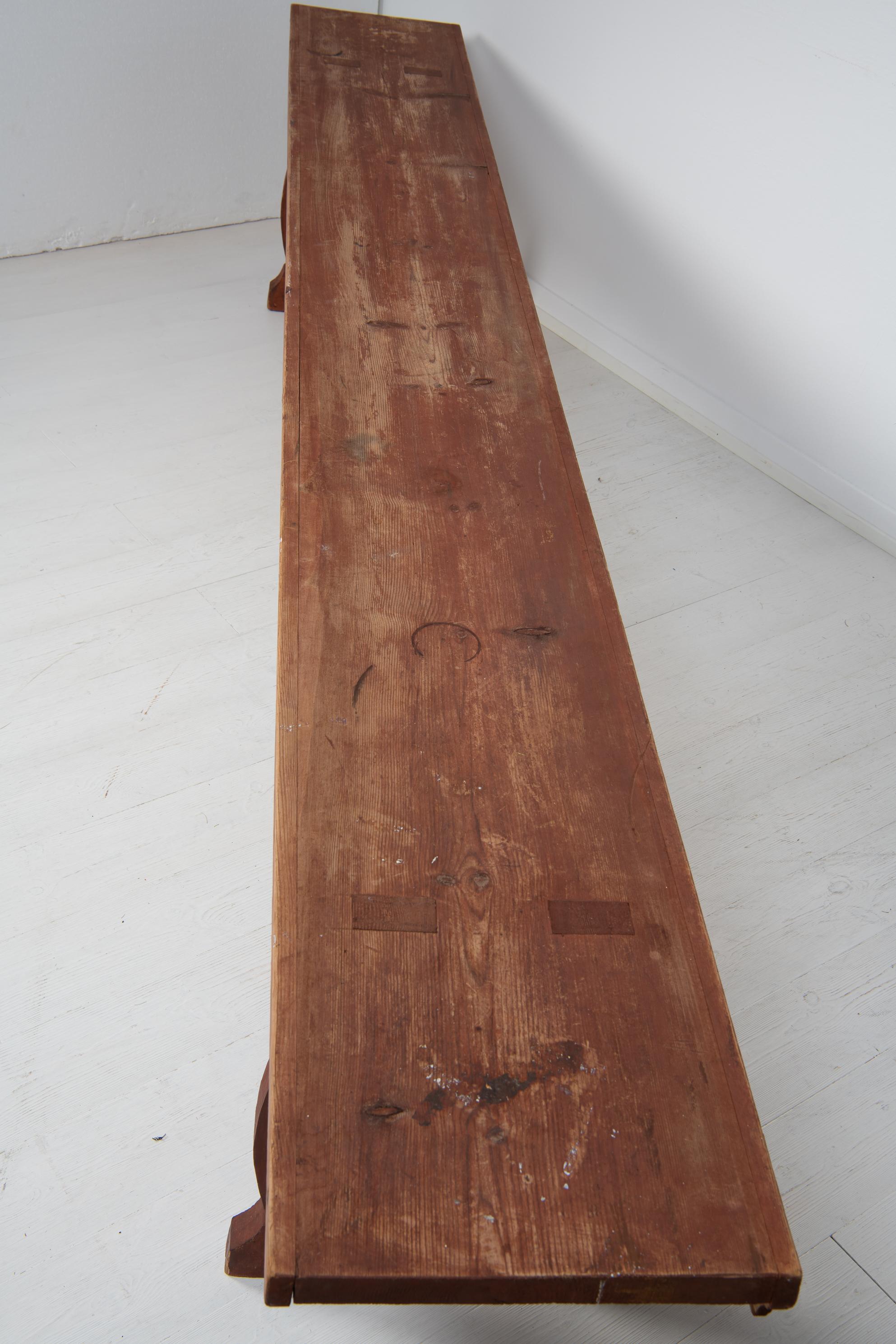 Rare Long Swedish Folk Art Pine Bench For Sale 5