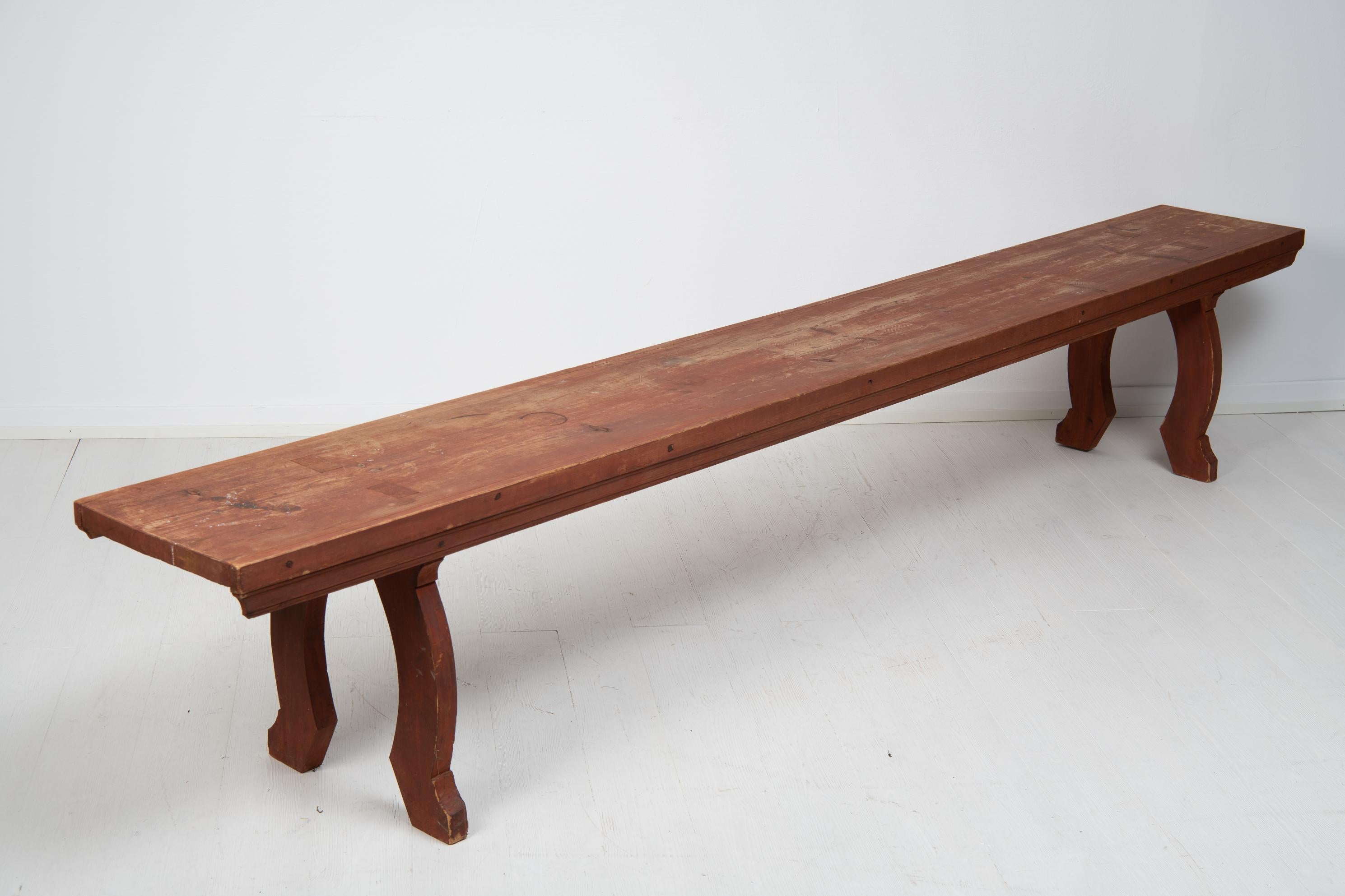 Hand-Crafted Rare Long Swedish Folk Art Pine Bench For Sale
