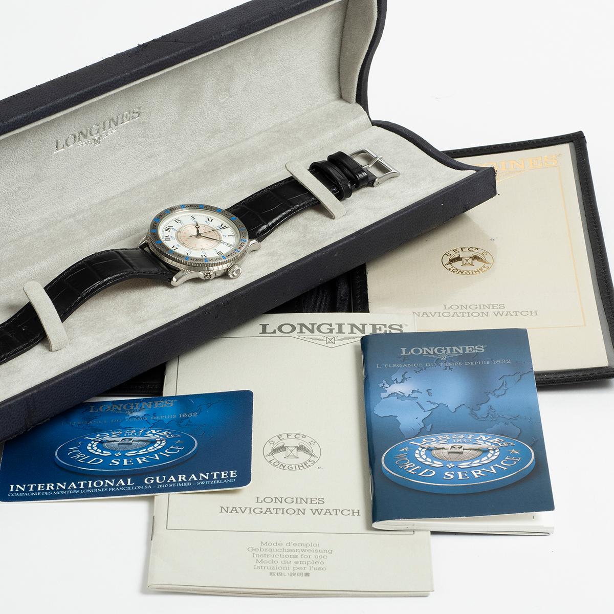 Our rare Longines Lindbergh Hour Angle L2.601.4.11.2 features a 38mm stainless steel case with opening case back with inner exhibition sapphire glass, and is presented in outstanding condition with only light signs of use from new. An attractive