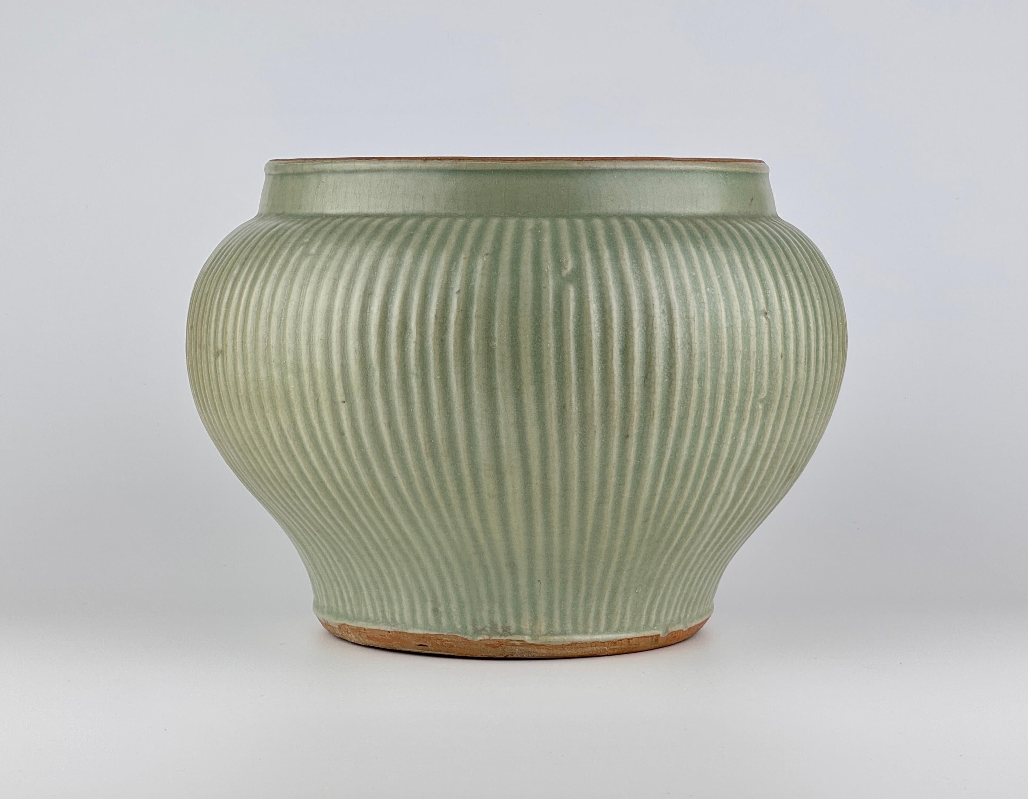 Hong Kong A Rare Longquan Celadon 'Hundred Rib' Jar, Song-Yuan Dynasty For Sale
