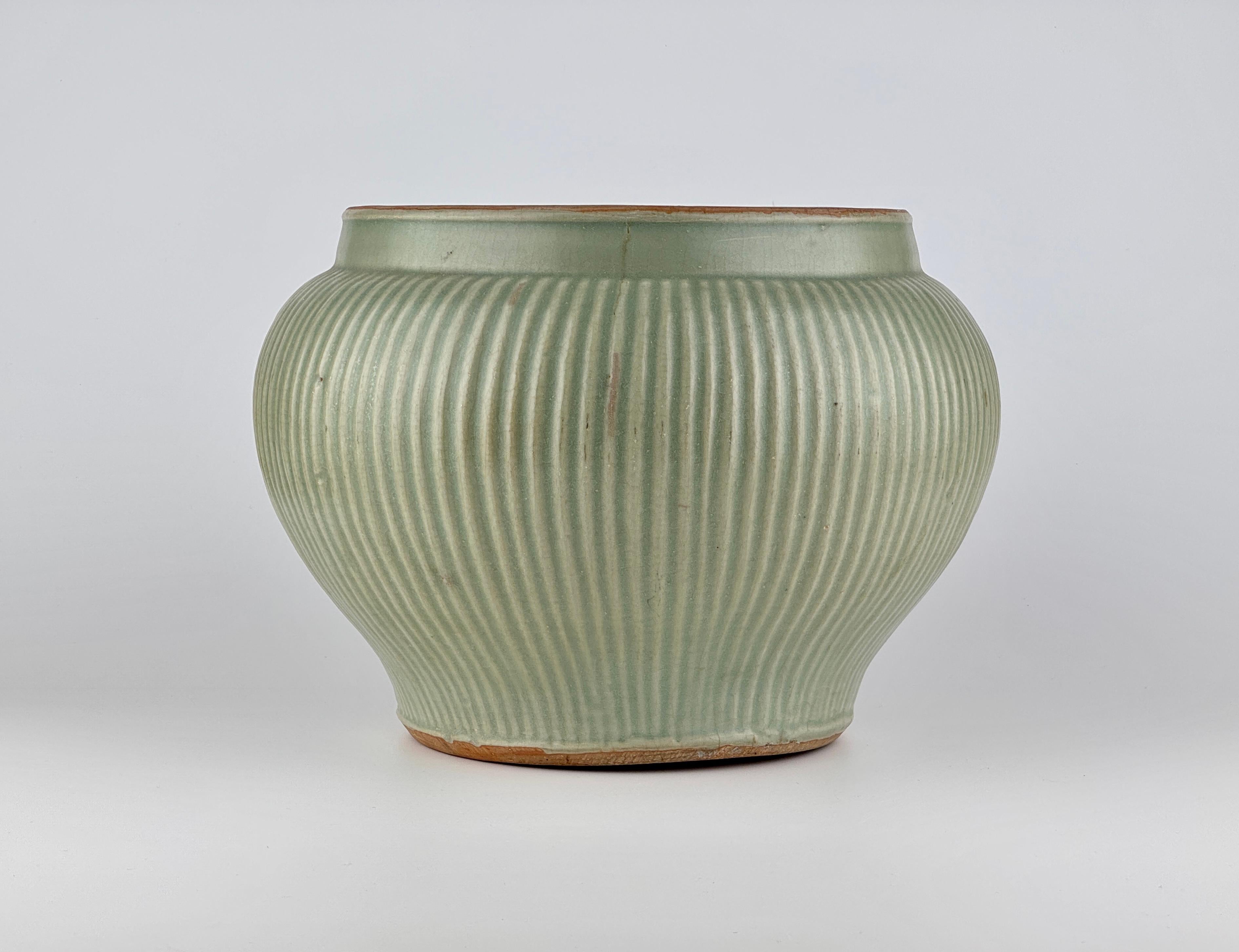 Glazed A Rare Longquan Celadon 'Hundred Rib' Jar, Song-Yuan Dynasty For Sale