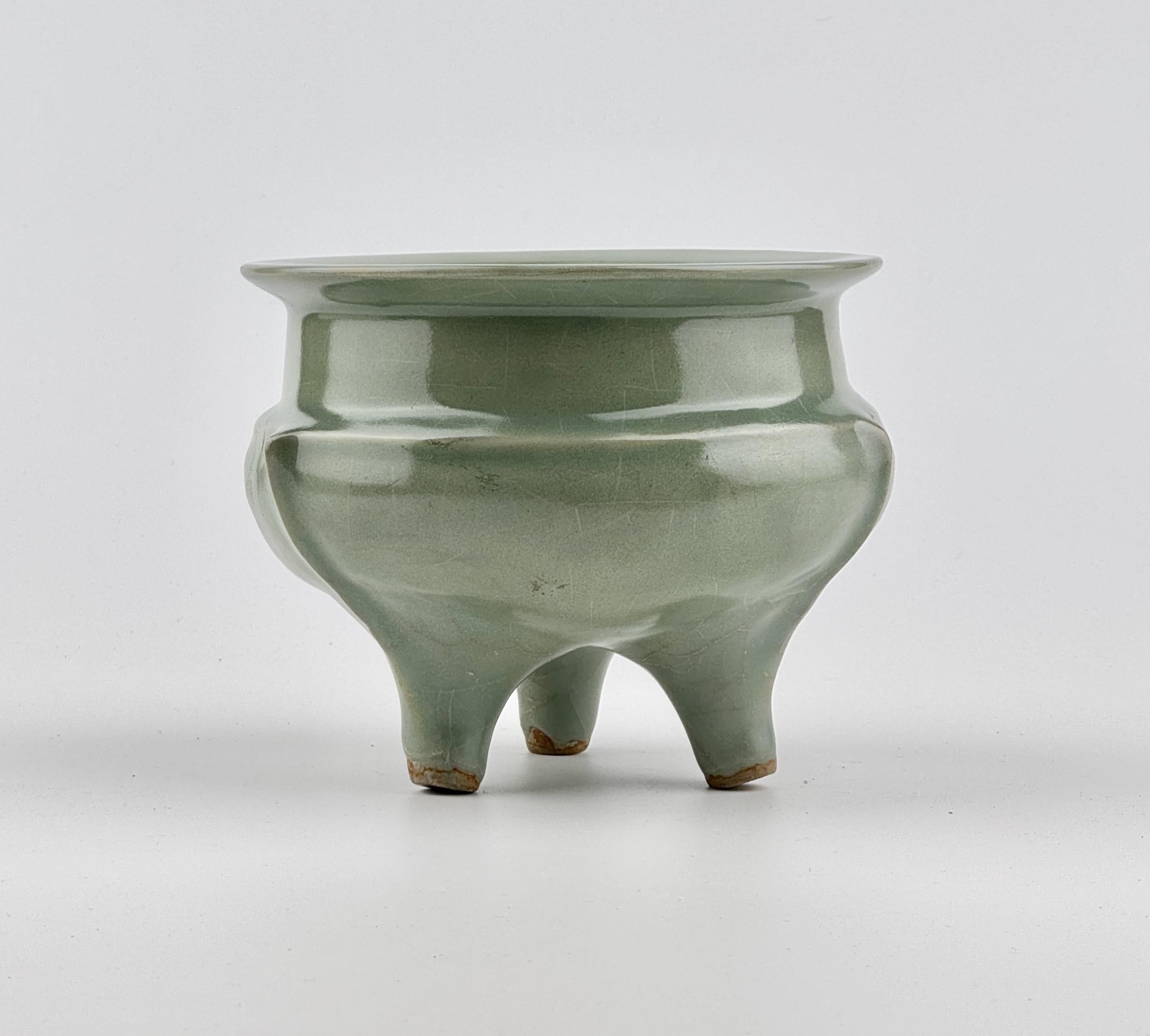 Hong Kong Rare Longquan Celadon Tripod Incense Burner, Song-Yuan Dynasty For Sale